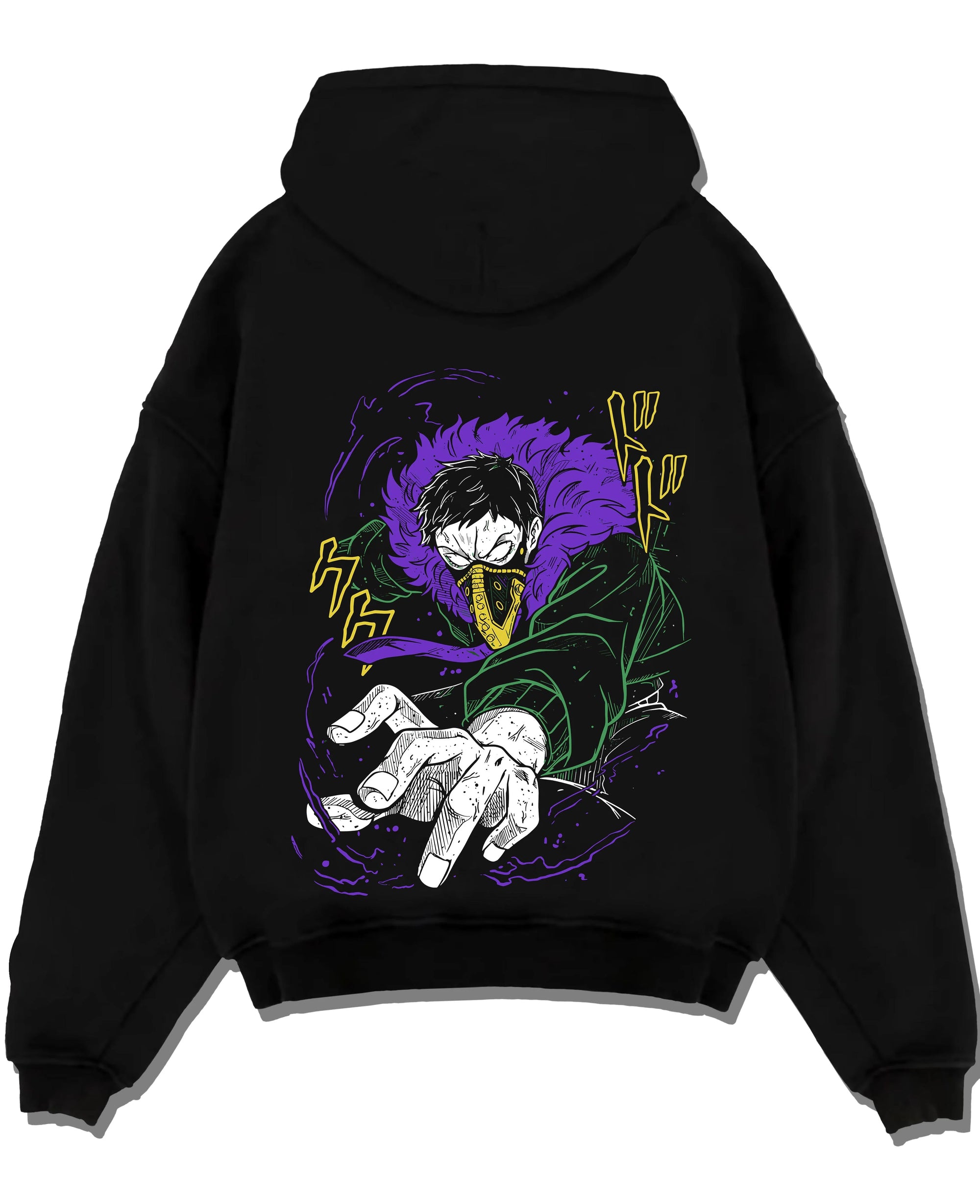 Black pullover hoodie laid flat with Overhaul Hoodie My Hero Academia Villain Arc graphic premium wear.