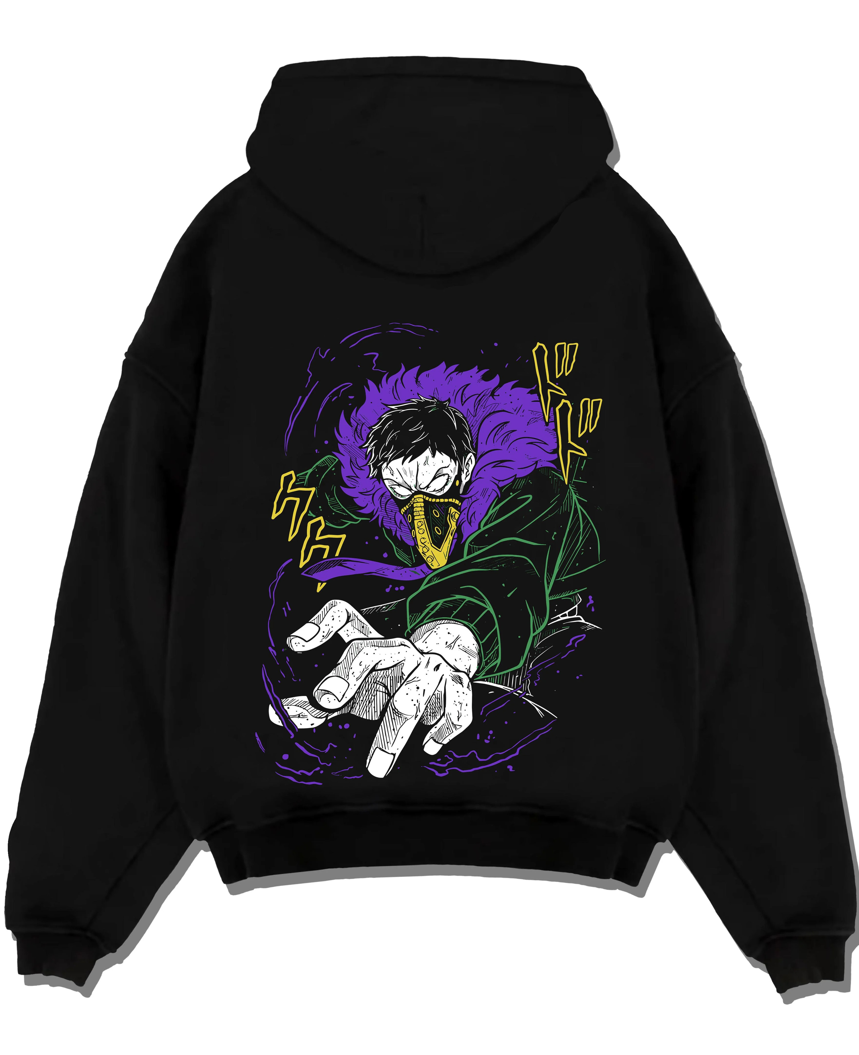 Black pullover hoodie laid flat with Overhaul Hoodie My Hero Academia Villain Arc graphic premium wear.