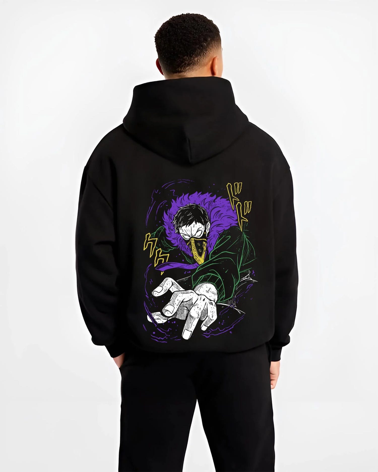 Black hoodie worn by male model, back view with Overhaul Hoodie My Hero Academia Villain Arc graphic premium wear.