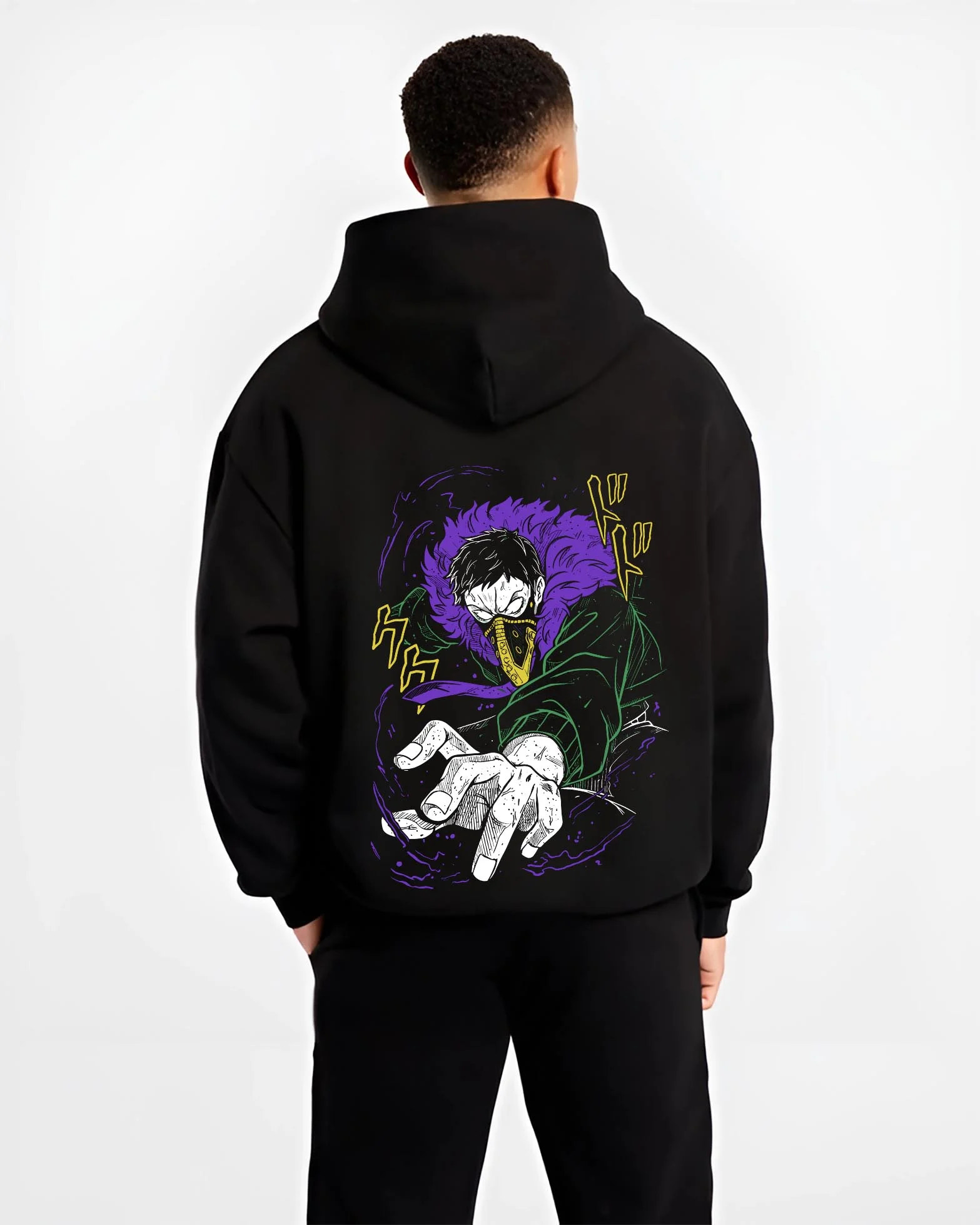 Black hoodie worn by male model, back view with Overhaul Hoodie My Hero Academia Villain Arc graphic premium wear.