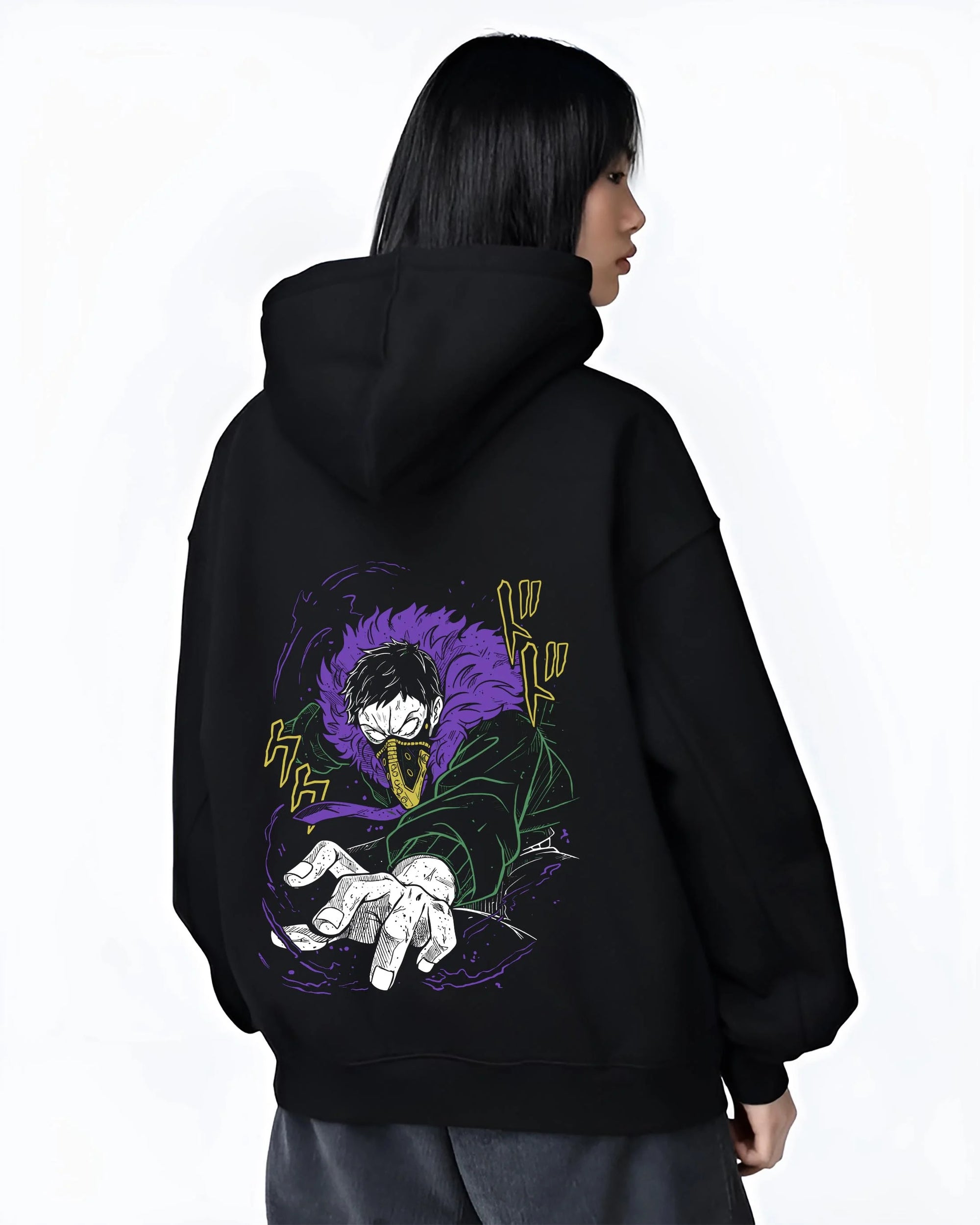 Black hoodie worn by female model, back view with Overhaul Hoodie My Hero Academia Villain Arc graphic bold anime graphic.