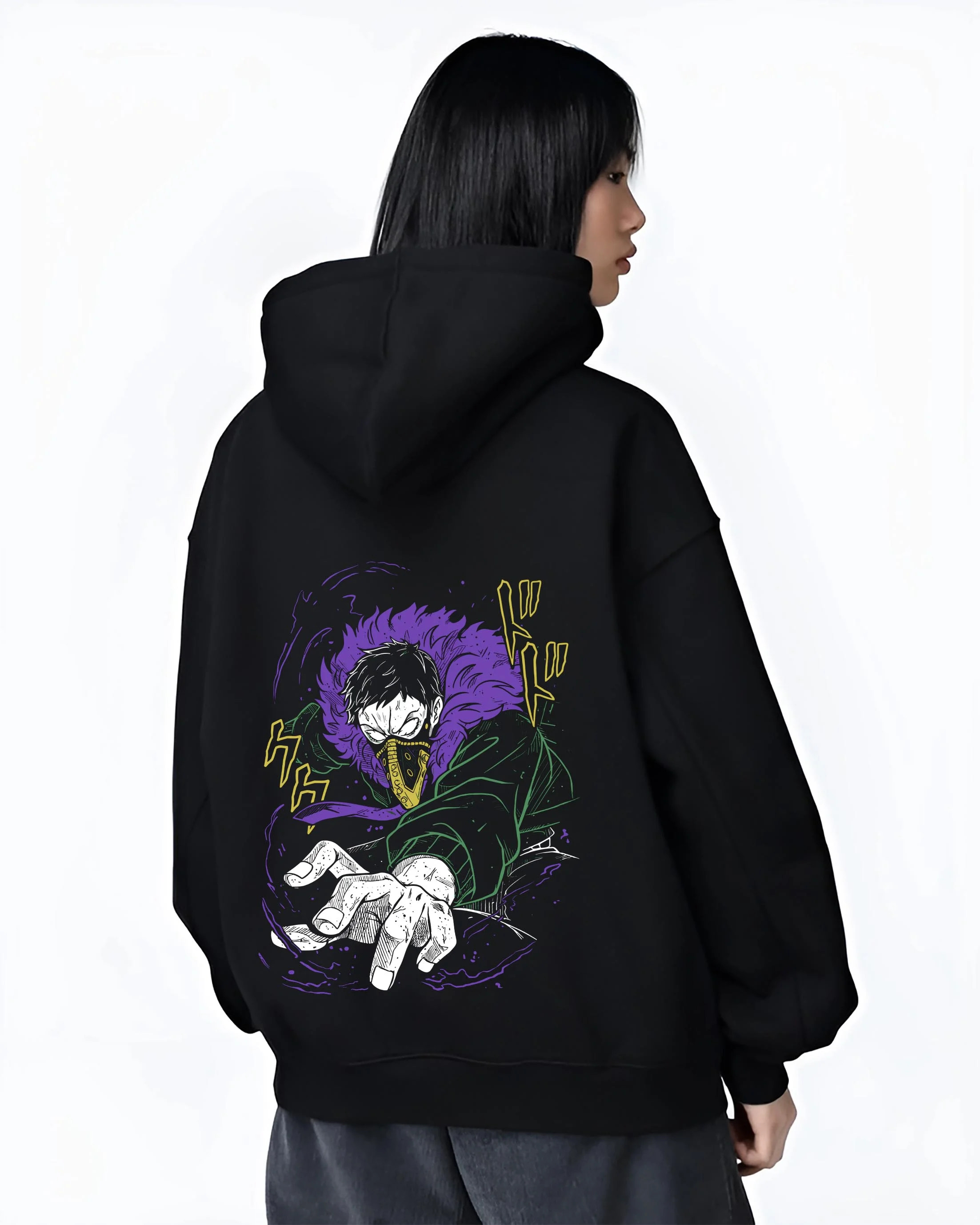 Black hoodie worn by female model, back view with Overhaul Hoodie My Hero Academia Villain Arc graphic bold anime graphic.