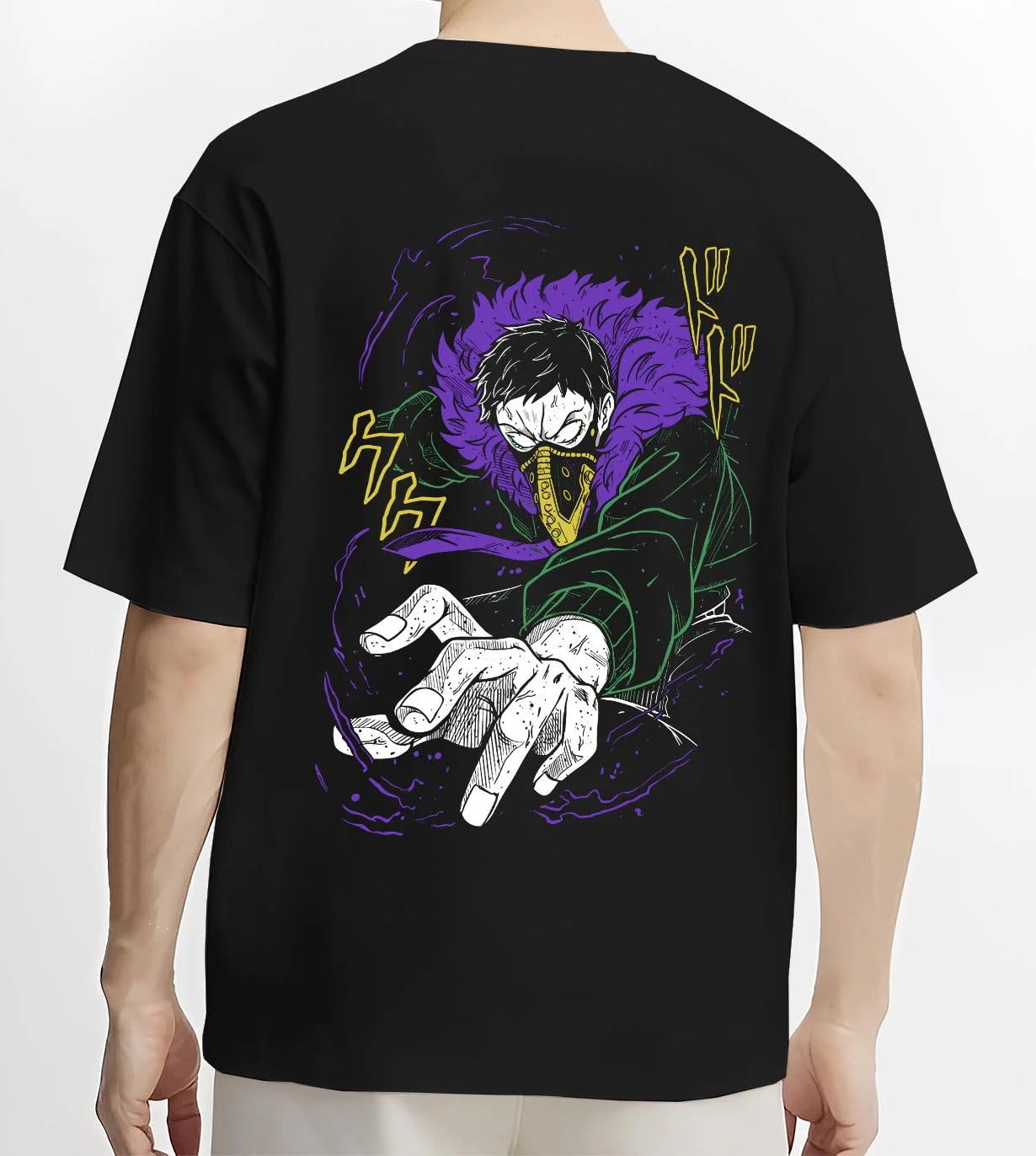 Black T-shirt worn by male model, back view with Overhaul Hoodie My Hero Academia Villain Arc graphic premium wear.