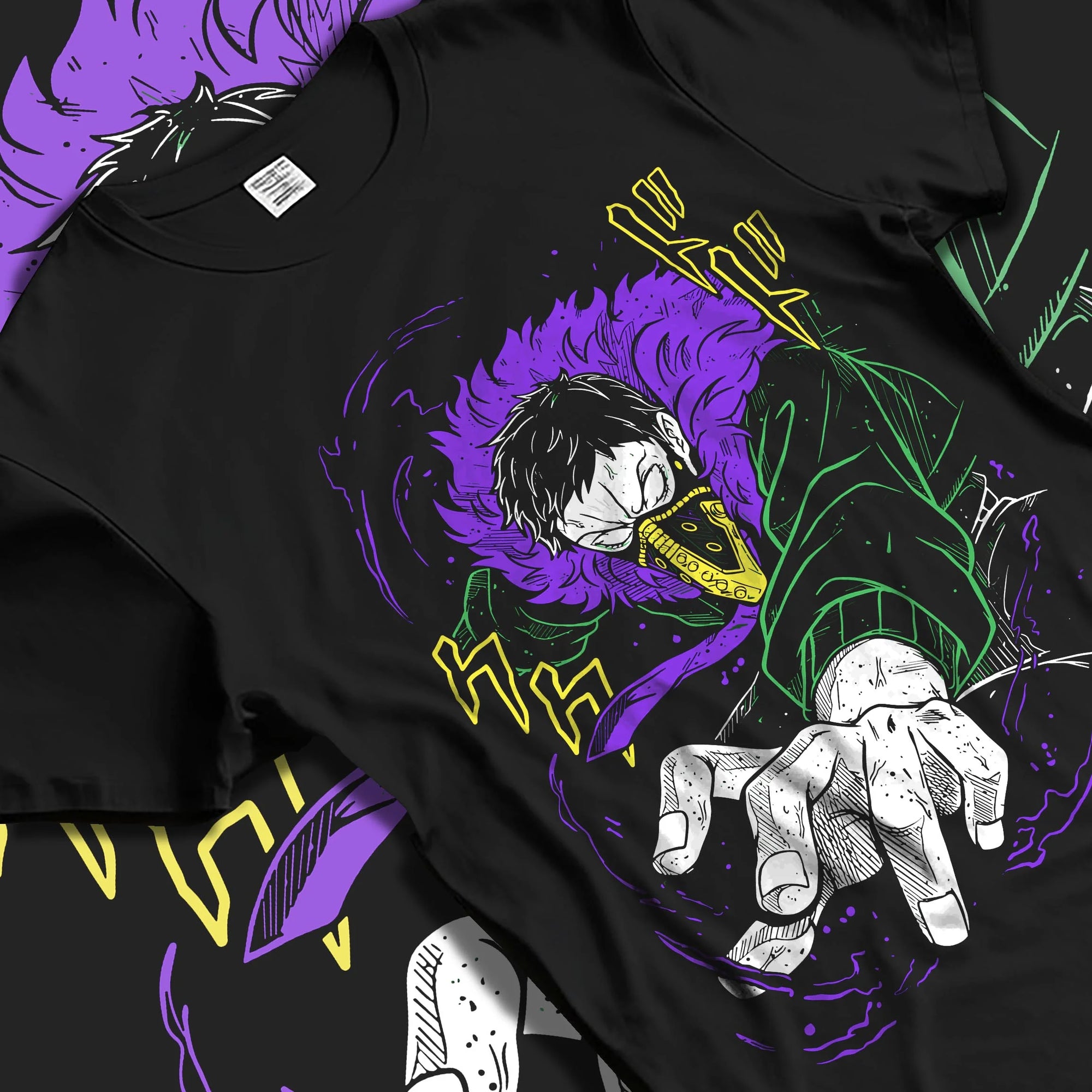 Black T-shirt laid flat with natural folds with Overhaul Hoodie My Hero Academia Villain Arc graphic premium wear.