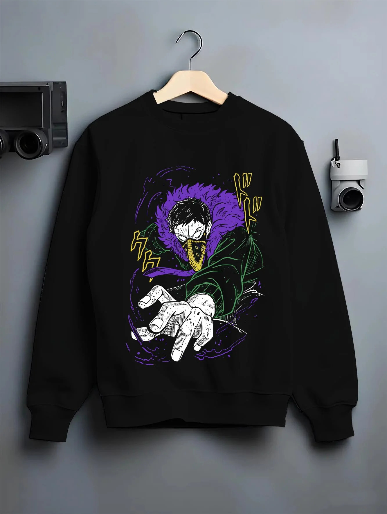 Black crewneck sweatshirt on hanger with Overhaul Hoodie My Hero Academia Villain Arc graphic bold anime graphic.
