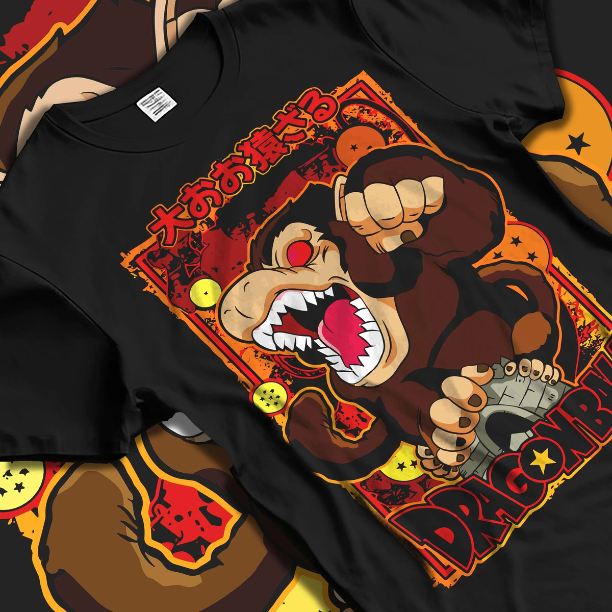 Black T-shirt laid flat with natural folds featuring Kid Goku Great Ape transformation Dragon Ball artwork.