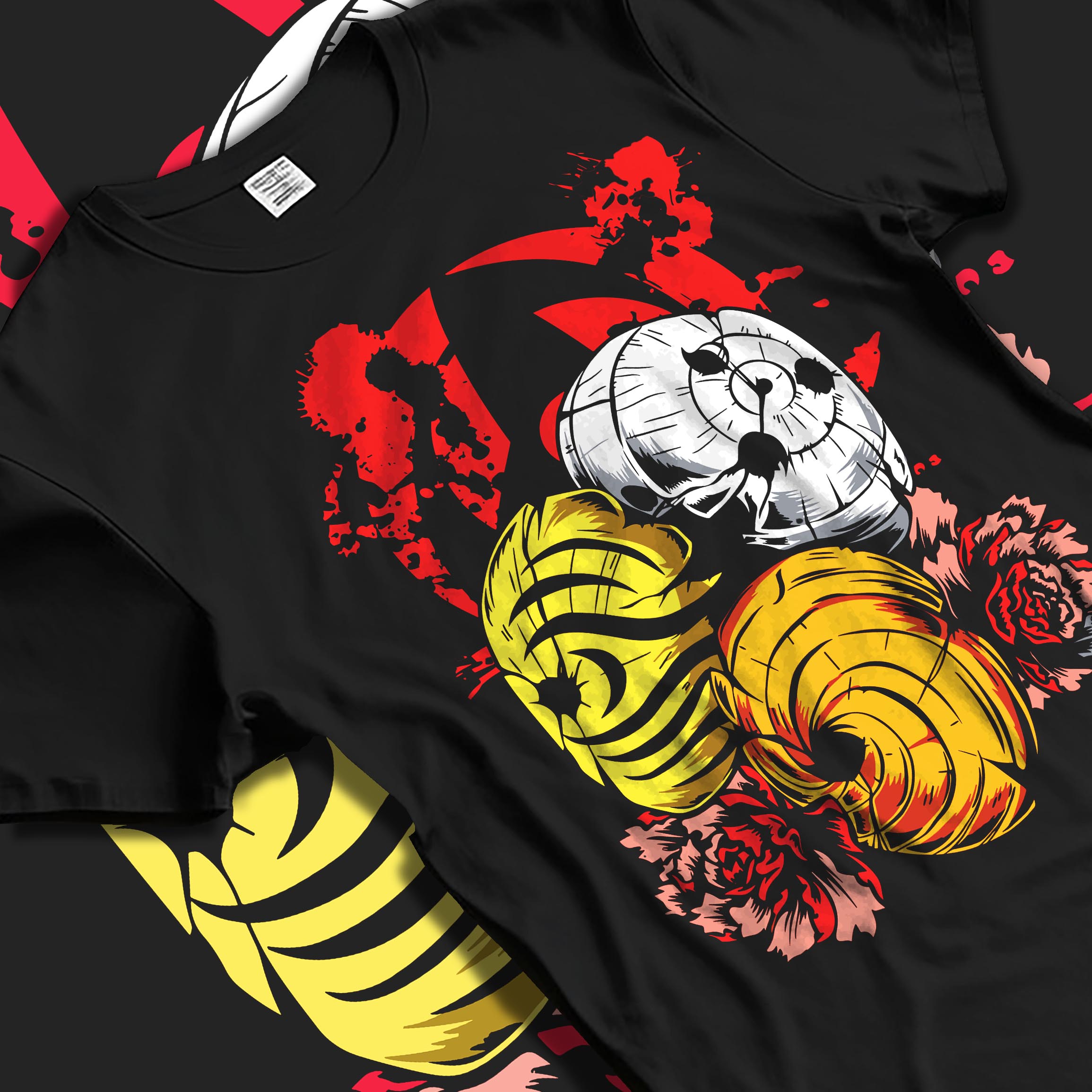 Black T-shirt laid flat with natural fabric folds, featuring Kakashi Hatake anime poster inspired design with Chidori lightning and Susanoo warrior retro tones.