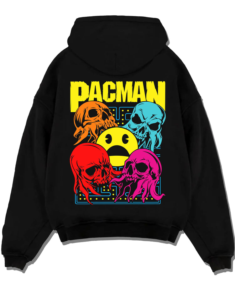 Black hoodie laid flat featuring Pac-Man ghost chase arcade Pac-Man artwork.
