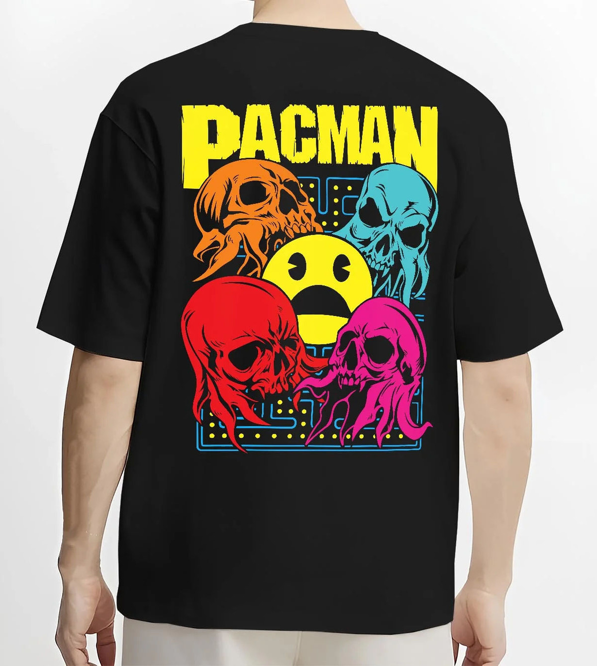 Black T-shirt worn by male model from the back featuring Pac-Man ghost chase arcade Pac-Man artwork.