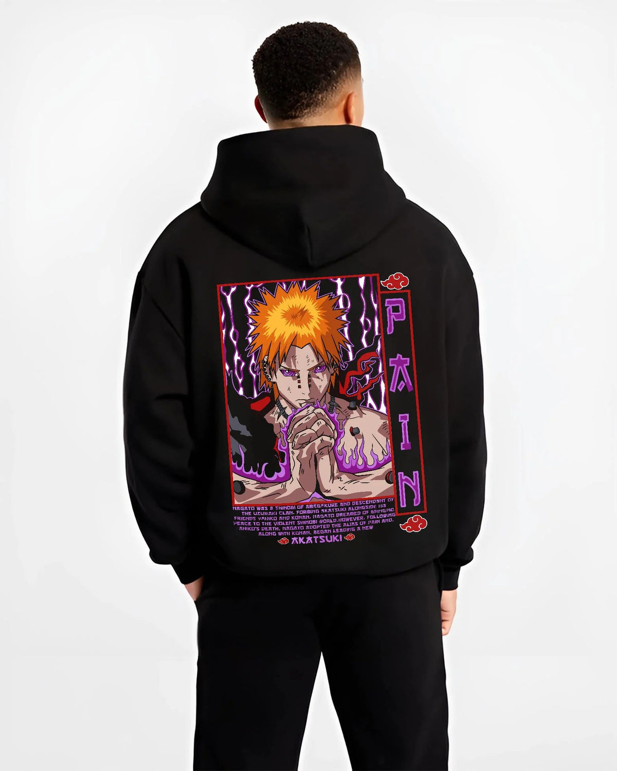 Black hoodie worn by male model from the back featuring Pain Rinnegan Six Paths portrait Naruto artwork.