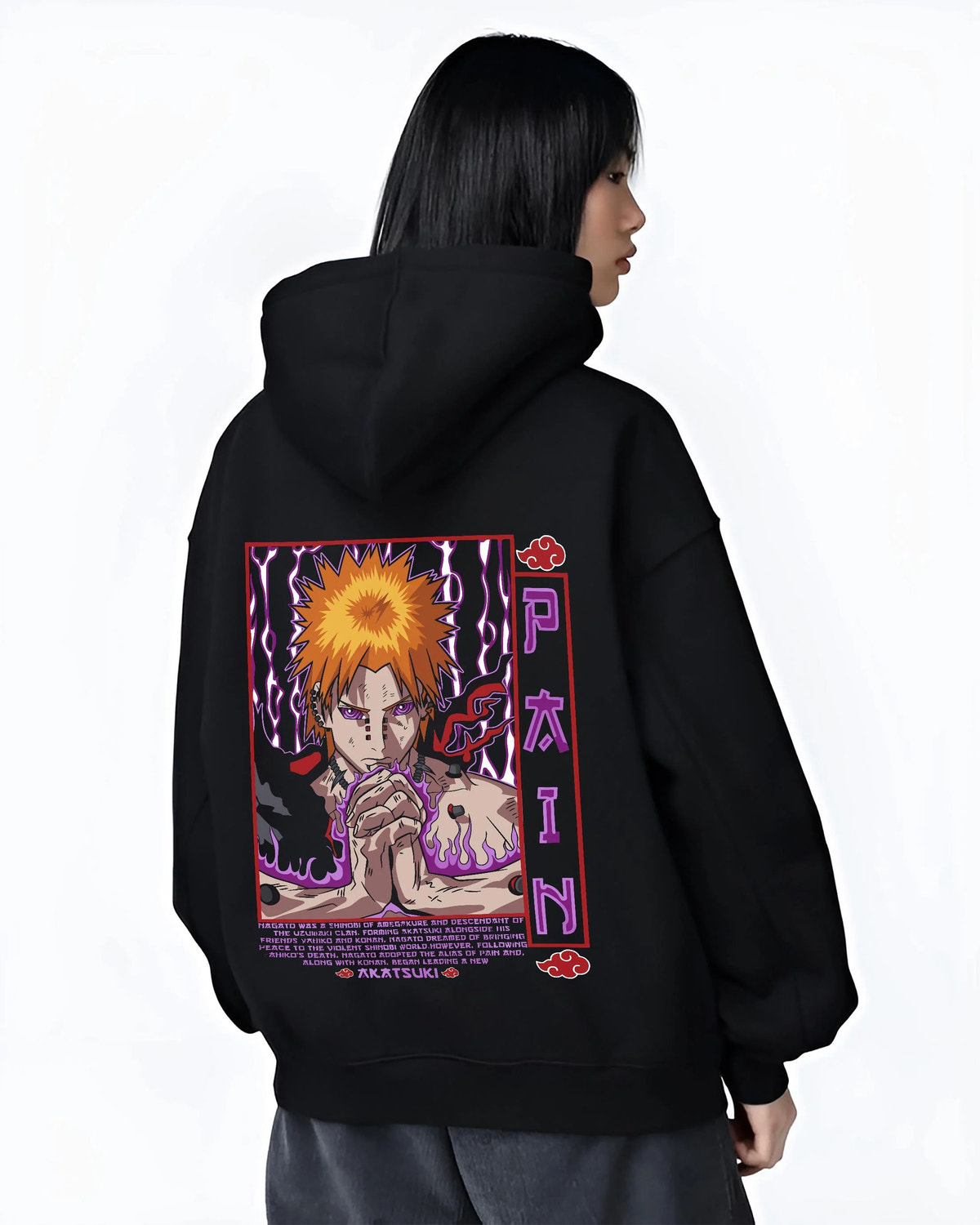 Black hoodie worn by female model from the back featuring Pain Rinnegan Six Paths portrait Naruto artwork.