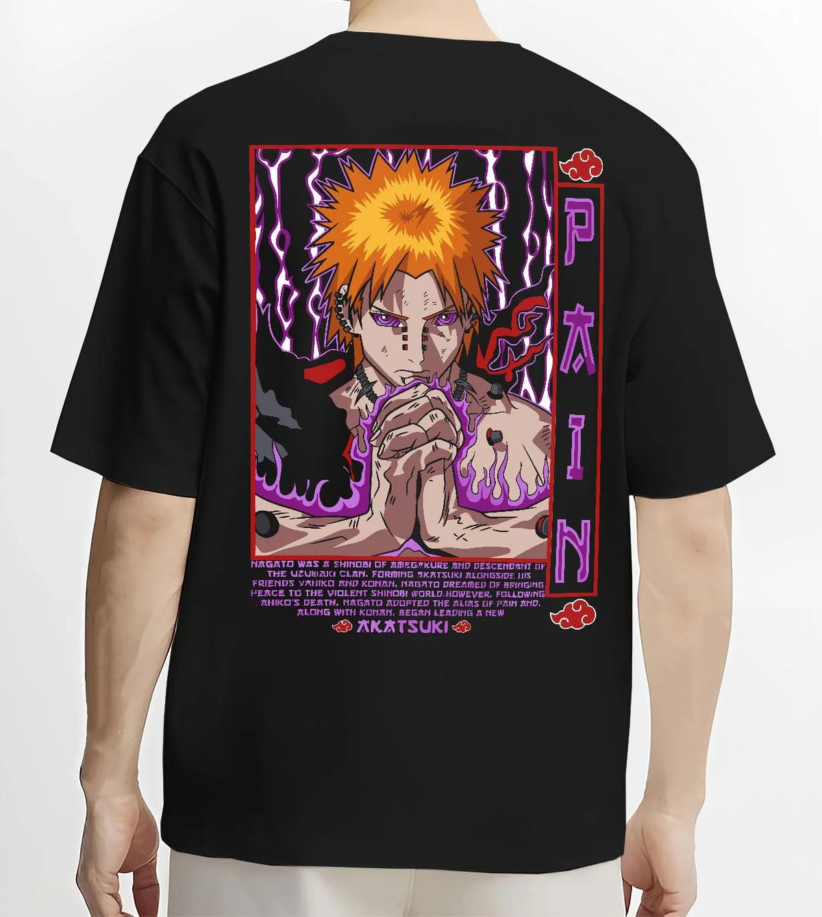 Black T-shirt worn by male model from the back featuring Pain Rinnegan Six Paths portrait Naruto artwork.