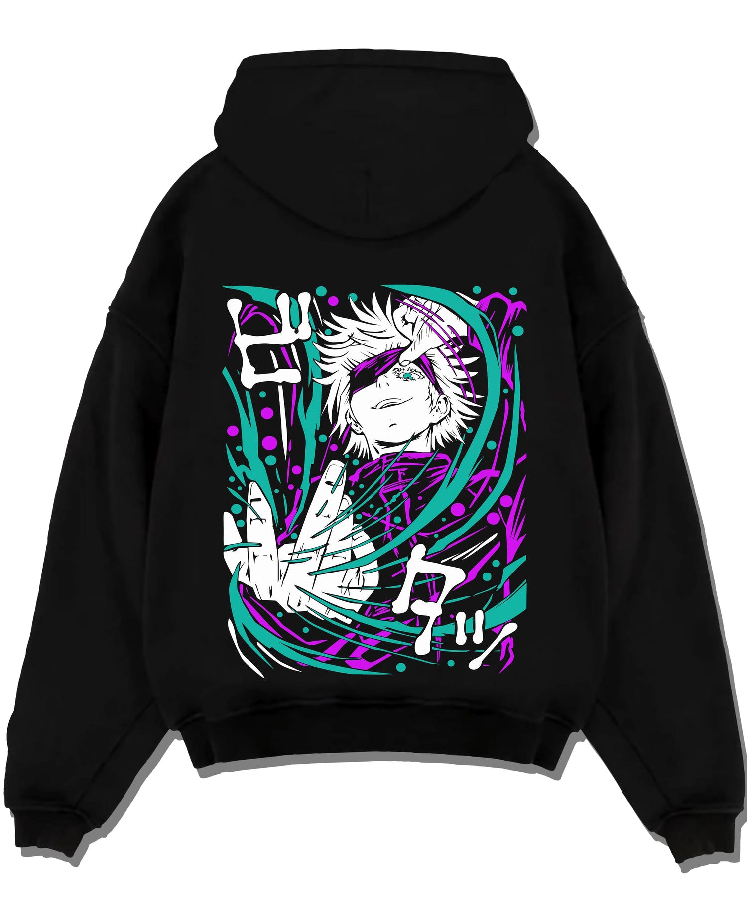 Black pullover hoodie laid flat with Panda Hoodie Jujutsu Kaisen Cursed Corpse graphic dynamic action scene.