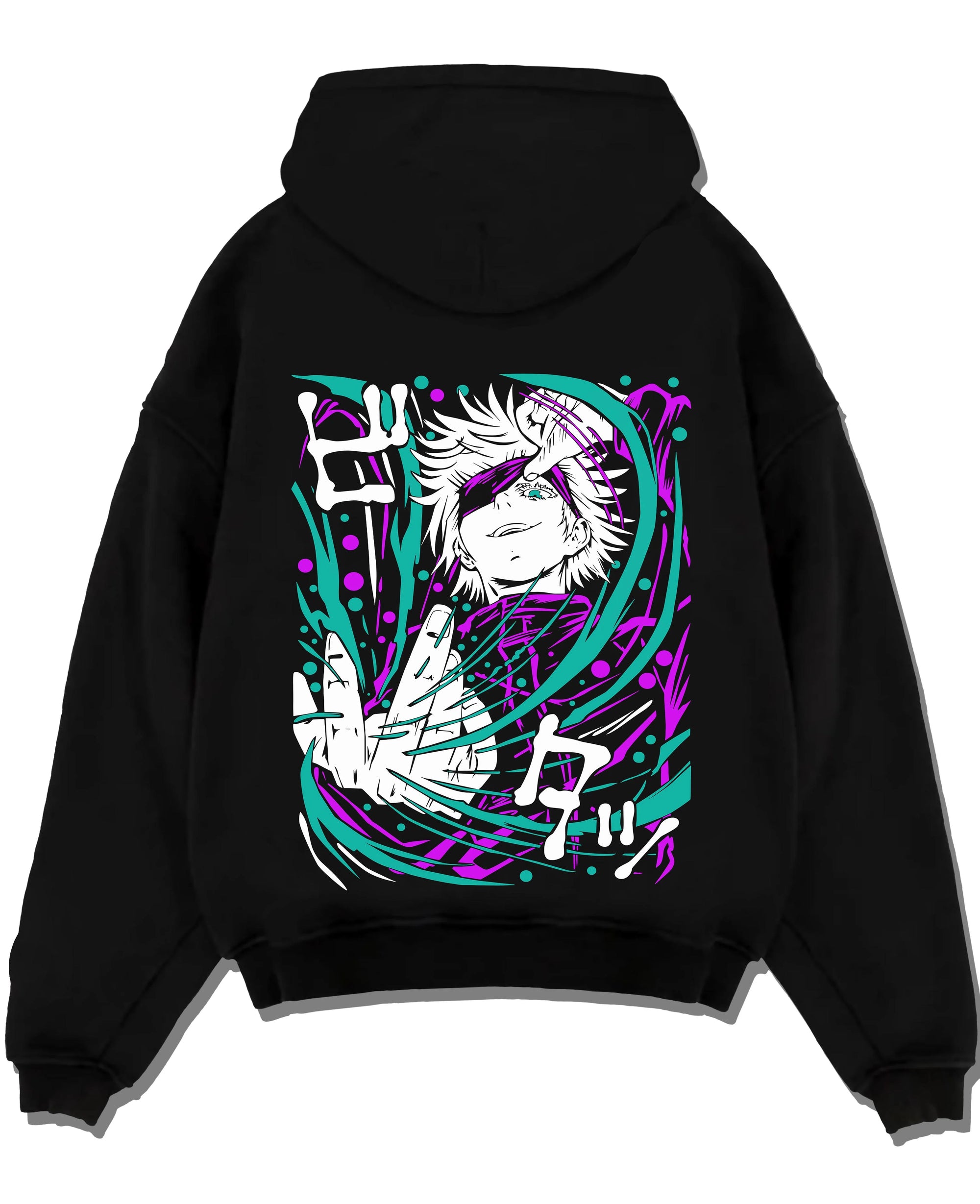 Black pullover hoodie laid flat with Panda Hoodie Jujutsu Kaisen Cursed Corpse graphic dynamic action scene.