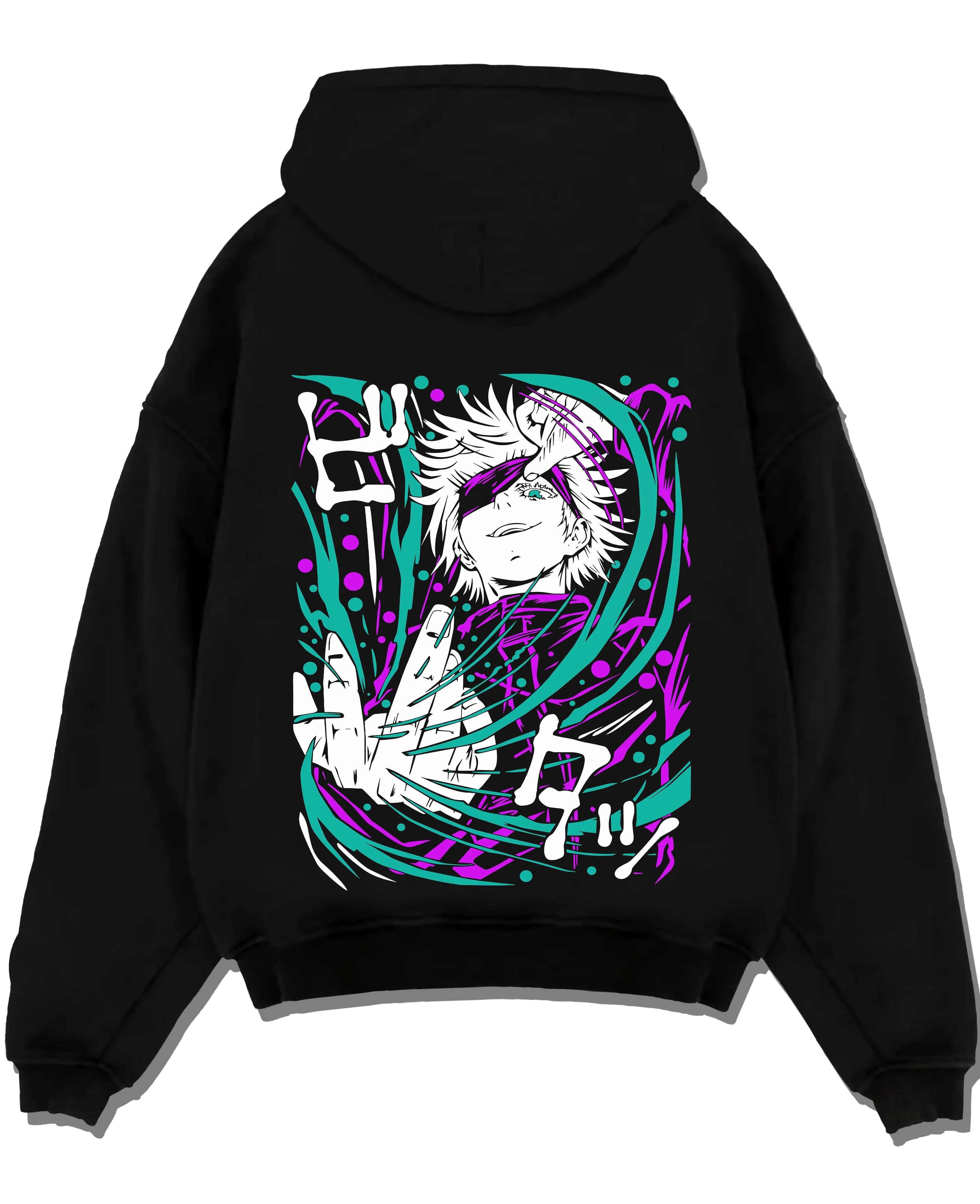 Black pullover hoodie laid flat with Panda Hoodie Jujutsu Kaisen Cursed Corpse graphic dynamic action scene.