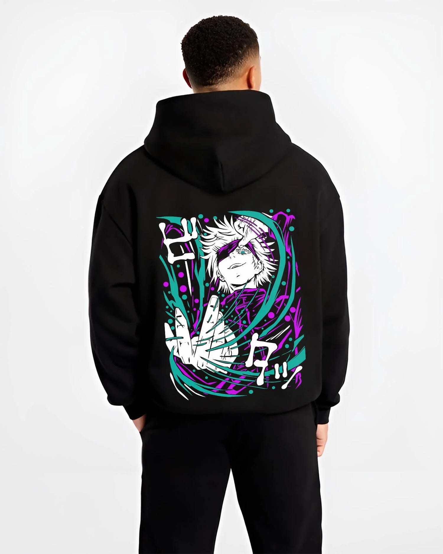 Black hoodie worn by male model, back view with Panda Hoodie Jujutsu Kaisen Cursed Corpse graphic streetwear graphic.