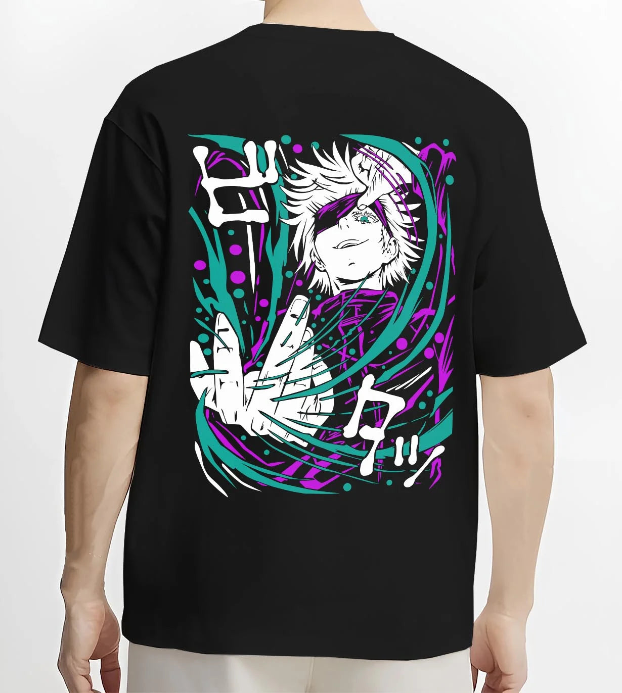 Black T-shirt worn by male model, back view with Panda Hoodie Jujutsu Kaisen Cursed Corpse graphic streetwear graphic.