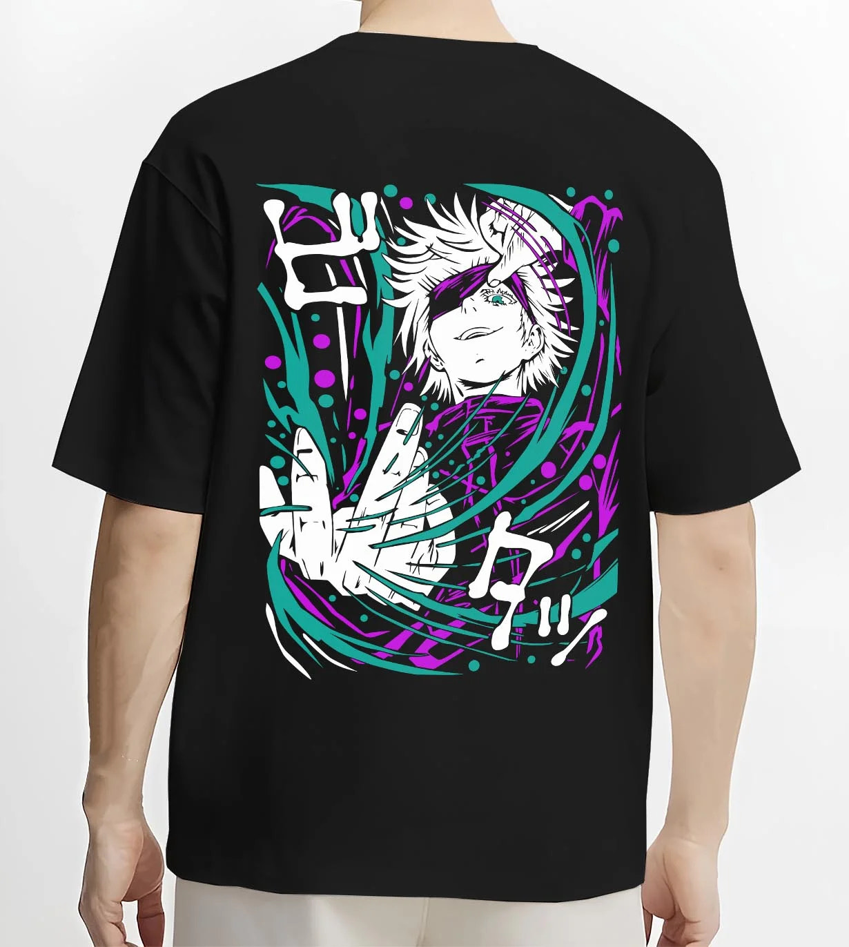 Black T-shirt worn by male model, back view with Panda Hoodie Jujutsu Kaisen Cursed Corpse graphic streetwear graphic.