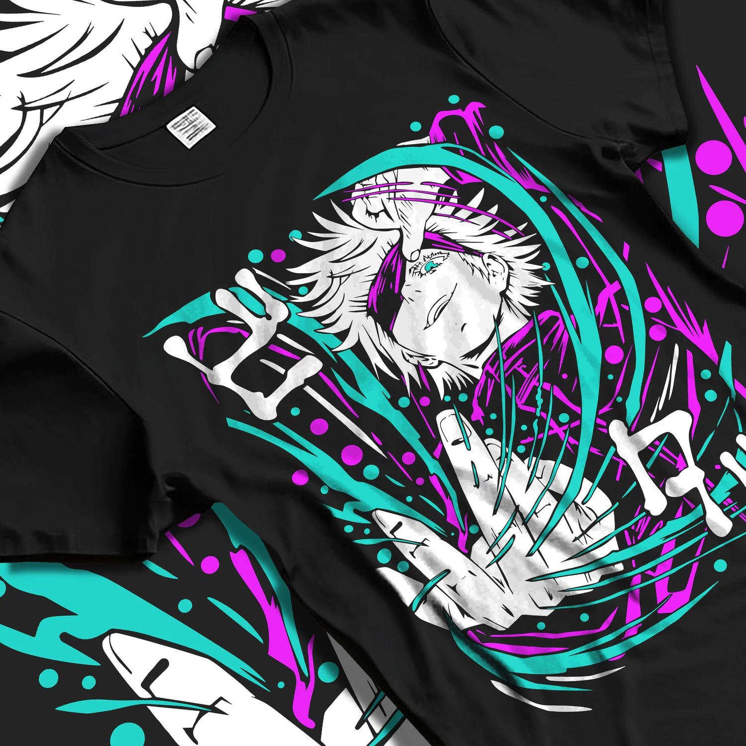 Black T-shirt laid flat with natural folds with Panda Hoodie Jujutsu Kaisen Cursed Corpse graphic premium wear.