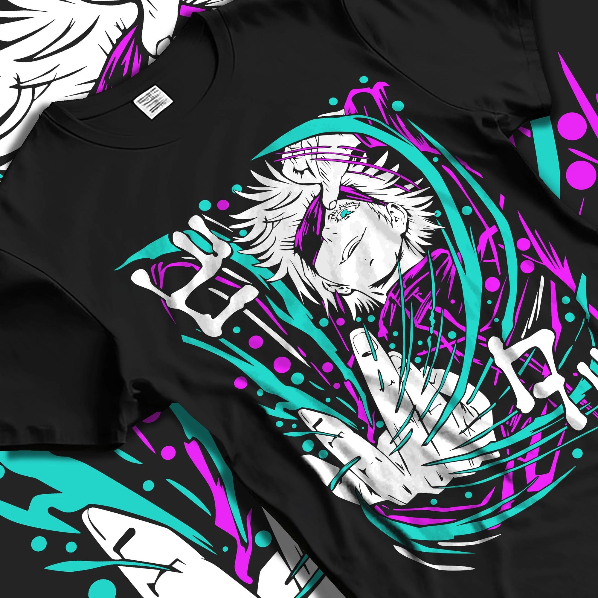 Black T-shirt laid flat with natural folds with Panda Hoodie Jujutsu Kaisen Cursed Corpse graphic premium wear.