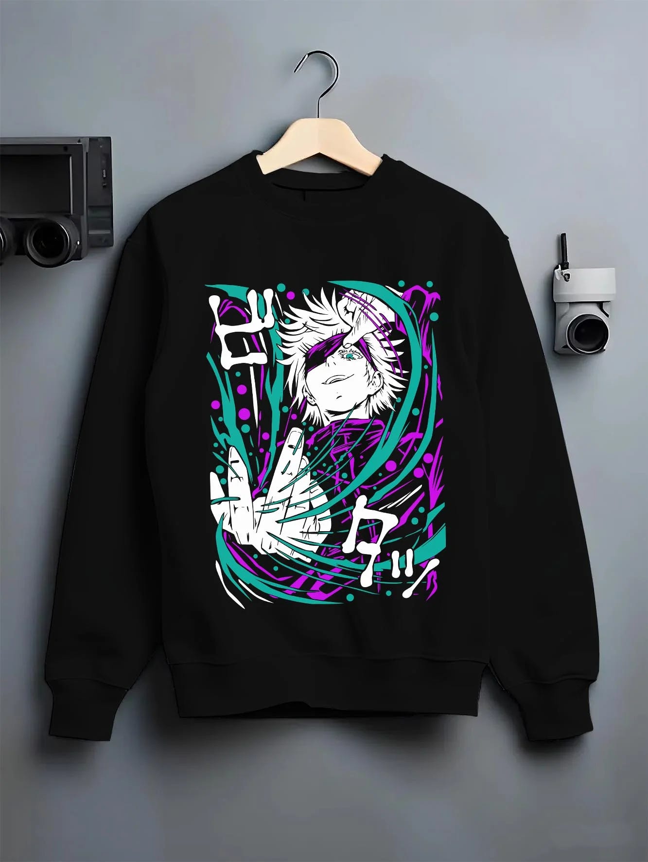 Black crewneck sweatshirt on hanger with Panda Hoodie Jujutsu Kaisen Cursed Corpse graphic premium wear.