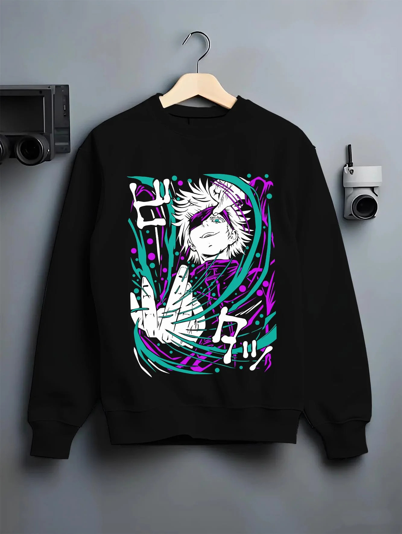 Black crewneck sweatshirt on hanger with Panda Hoodie Jujutsu Kaisen Cursed Corpse graphic premium wear.
