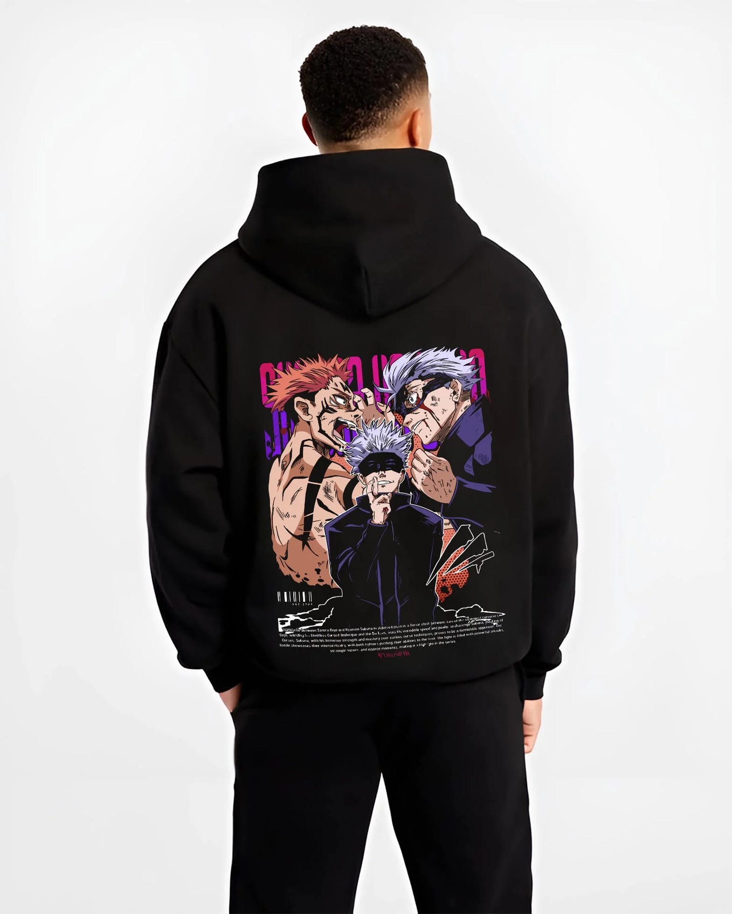 Black hoodie worn by male model, back view with Yuji Gojo Hoodie Jujutsu Kaisen Battle Clash graphic premium wear.