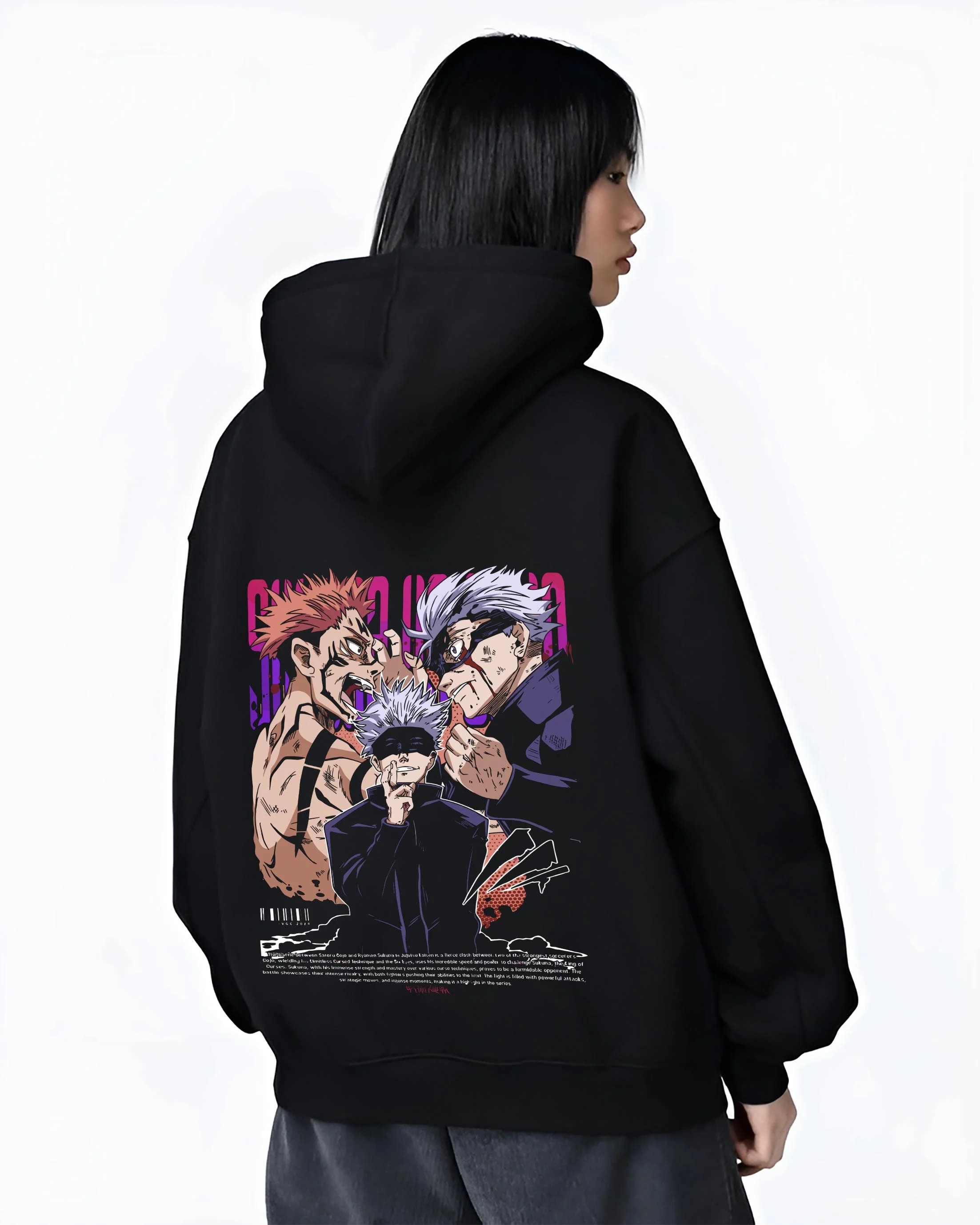 Black hoodie worn by female model, back view with Yuji Gojo Hoodie Jujutsu Kaisen Battle Clash graphic streetwear graphic.