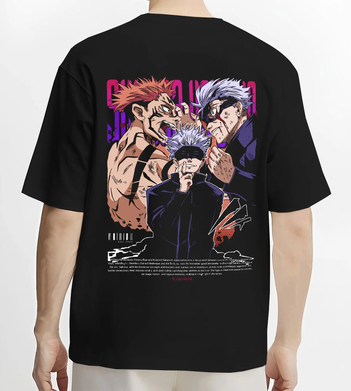 Black T-shirt worn by male model, back view with Yuji Gojo Hoodie Jujutsu Kaisen Battle Clash graphic premium wear.