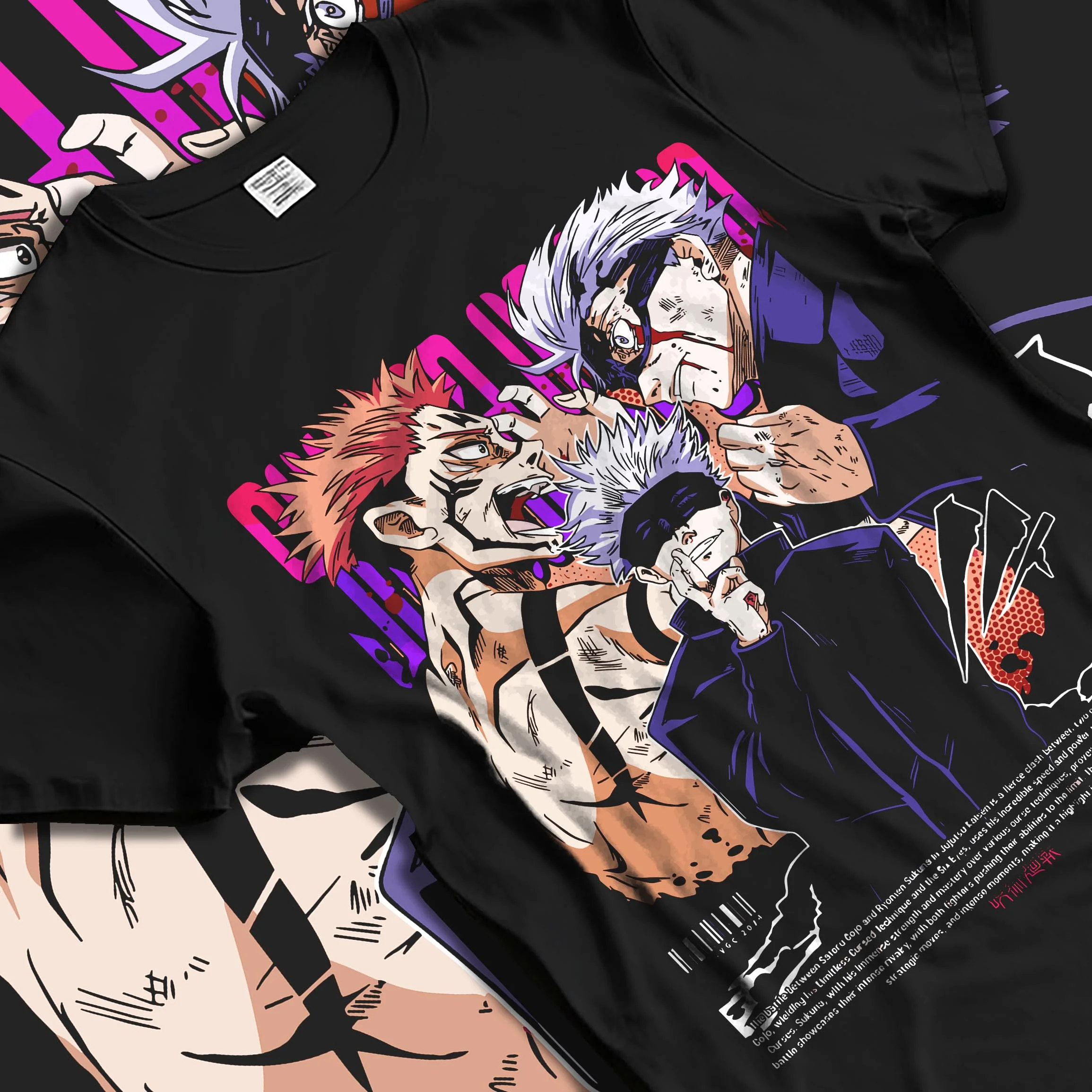 Black T-shirt laid flat with natural folds with Yuji Gojo Hoodie Jujutsu Kaisen Battle Clash graphic premium wear.