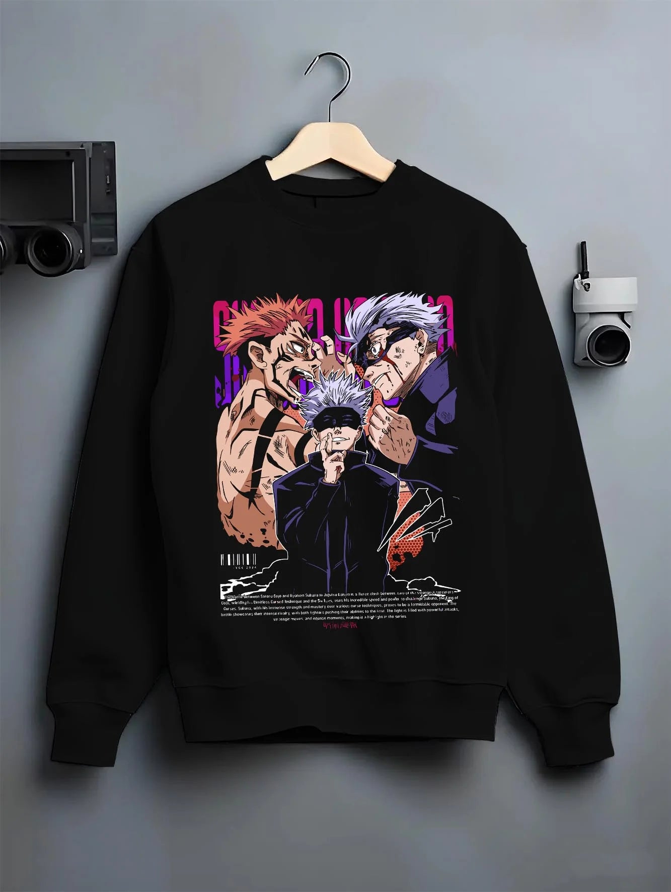 Black crewneck sweatshirt on hanger with Yuji Gojo Hoodie Jujutsu Kaisen Battle Clash graphic streetwear graphic.