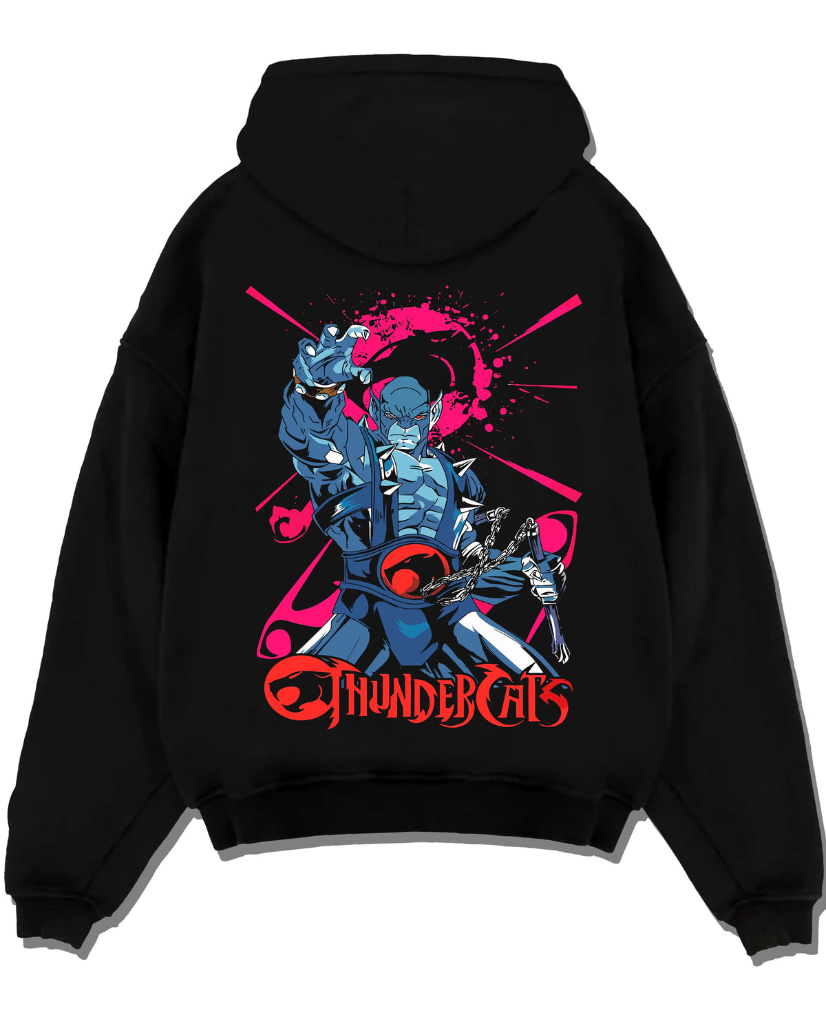 Black hoodie laid flat featuring Panthro nunchaku warrior ThunderCats artwork.