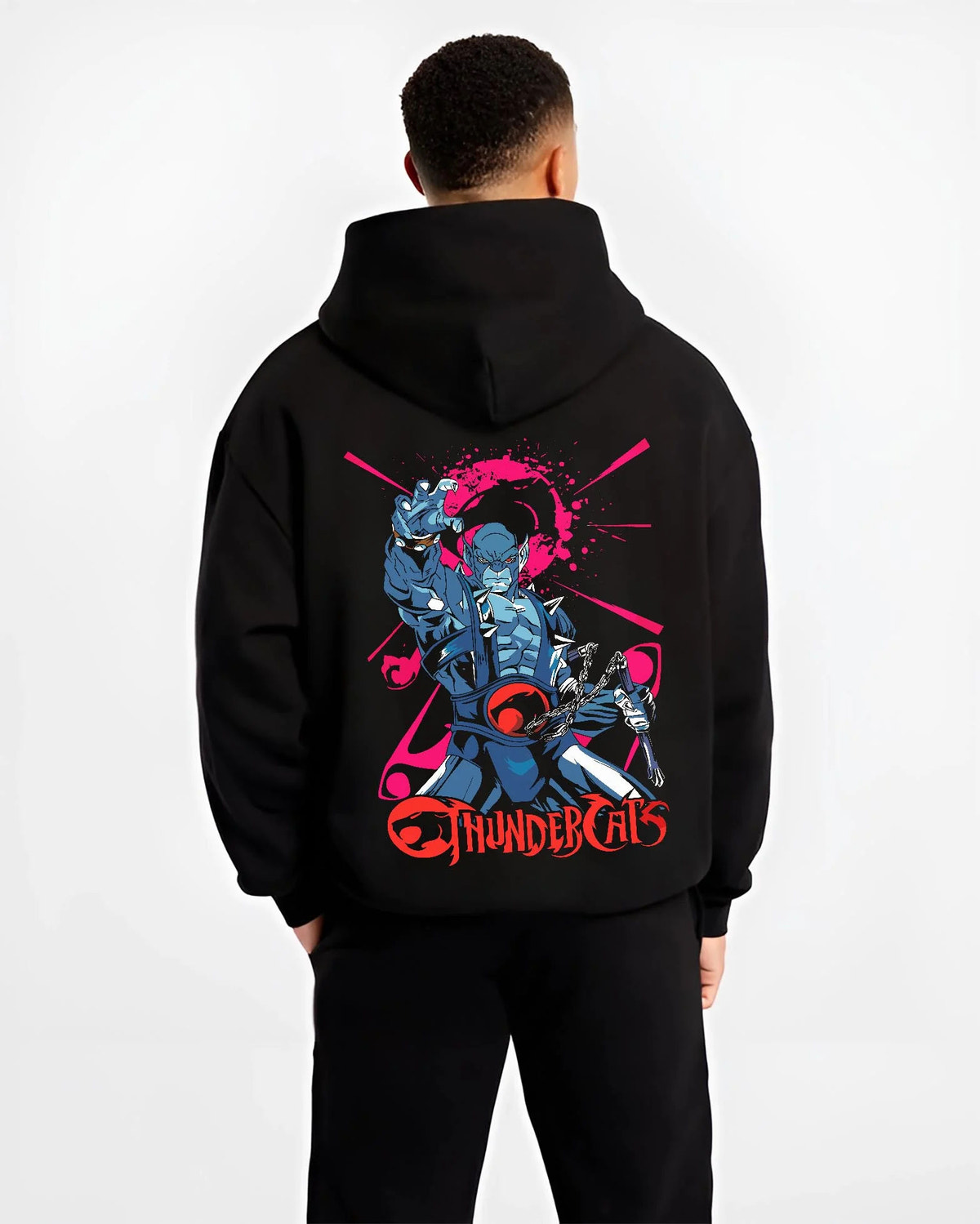 Black hoodie worn by male model from the back featuring Panthro nunchaku warrior ThunderCats artwork.
