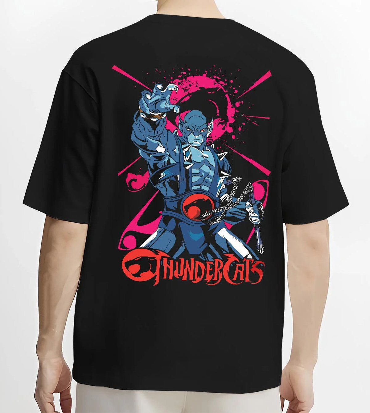 Black T-shirt worn by male model from the back featuring Panthro nunchaku warrior ThunderCats artwork.