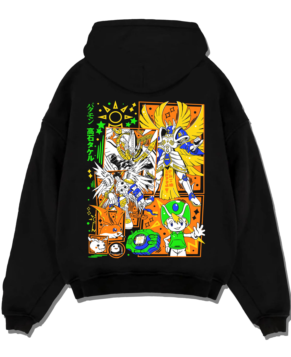 Black hoodie laid flat featuring Patamon and Angemon evolution line Digimon artwork.