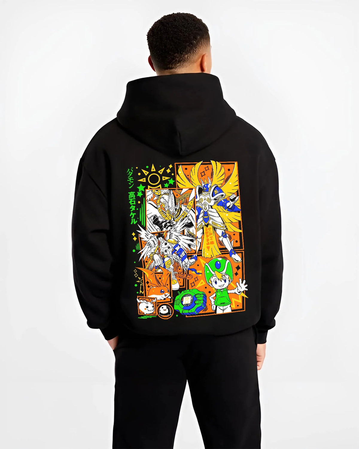Black hoodie worn by male model from the back featuring Patamon and Angemon evolution line Digimon artwork.
