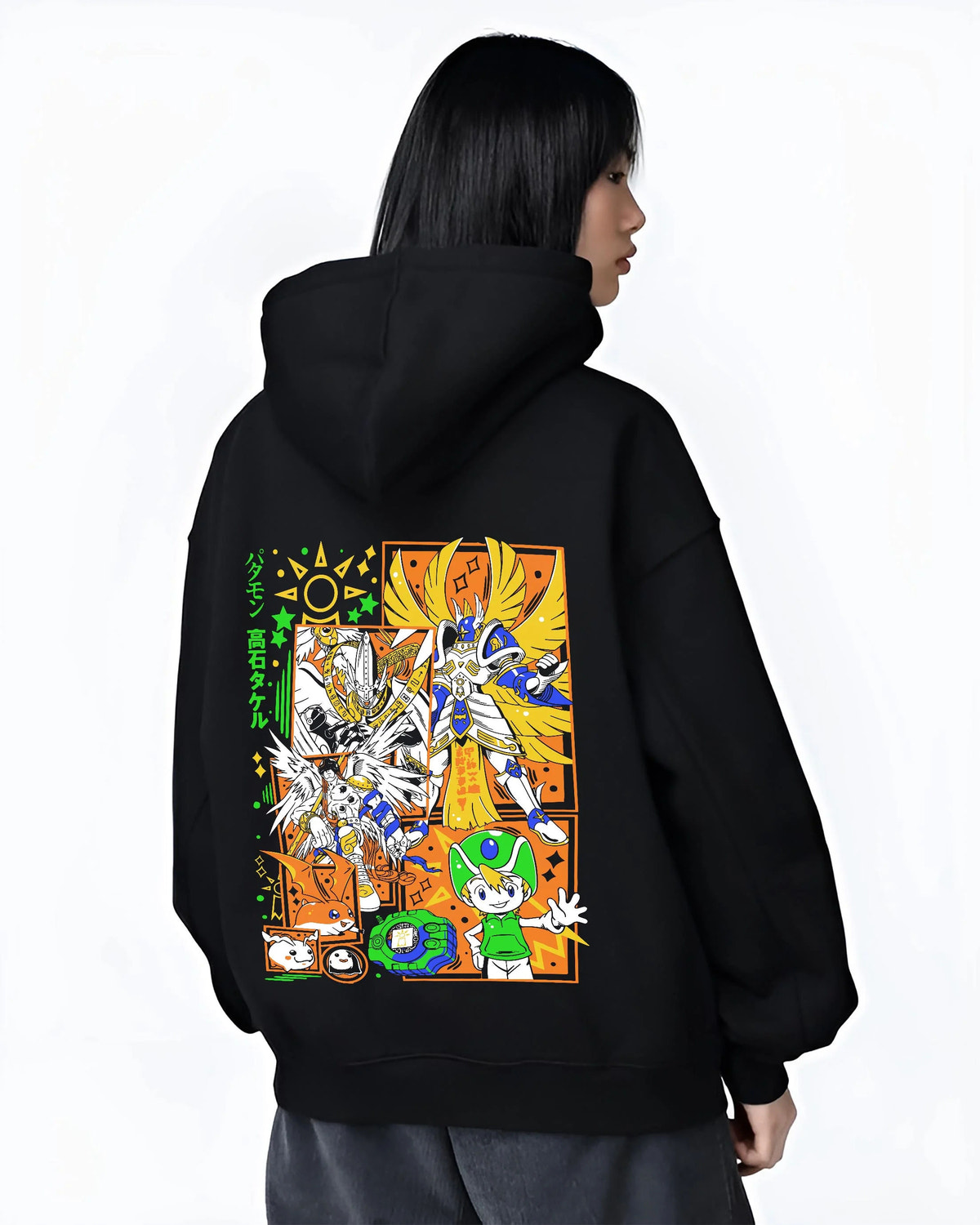 Black hoodie worn by female model from the back featuring Patamon and Angemon evolution line Digimon artwork.