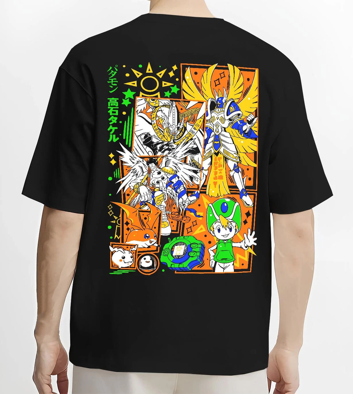Black T-shirt worn by male model from the back featuring Patamon and Angemon evolution line Digimon artwork.