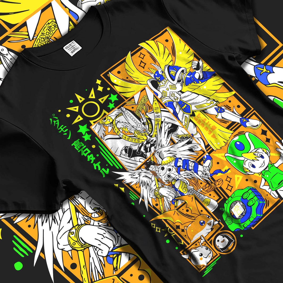 Black T-shirt laid flat with natural folds featuring Patamon and Angemon evolution line Digimon artwork.