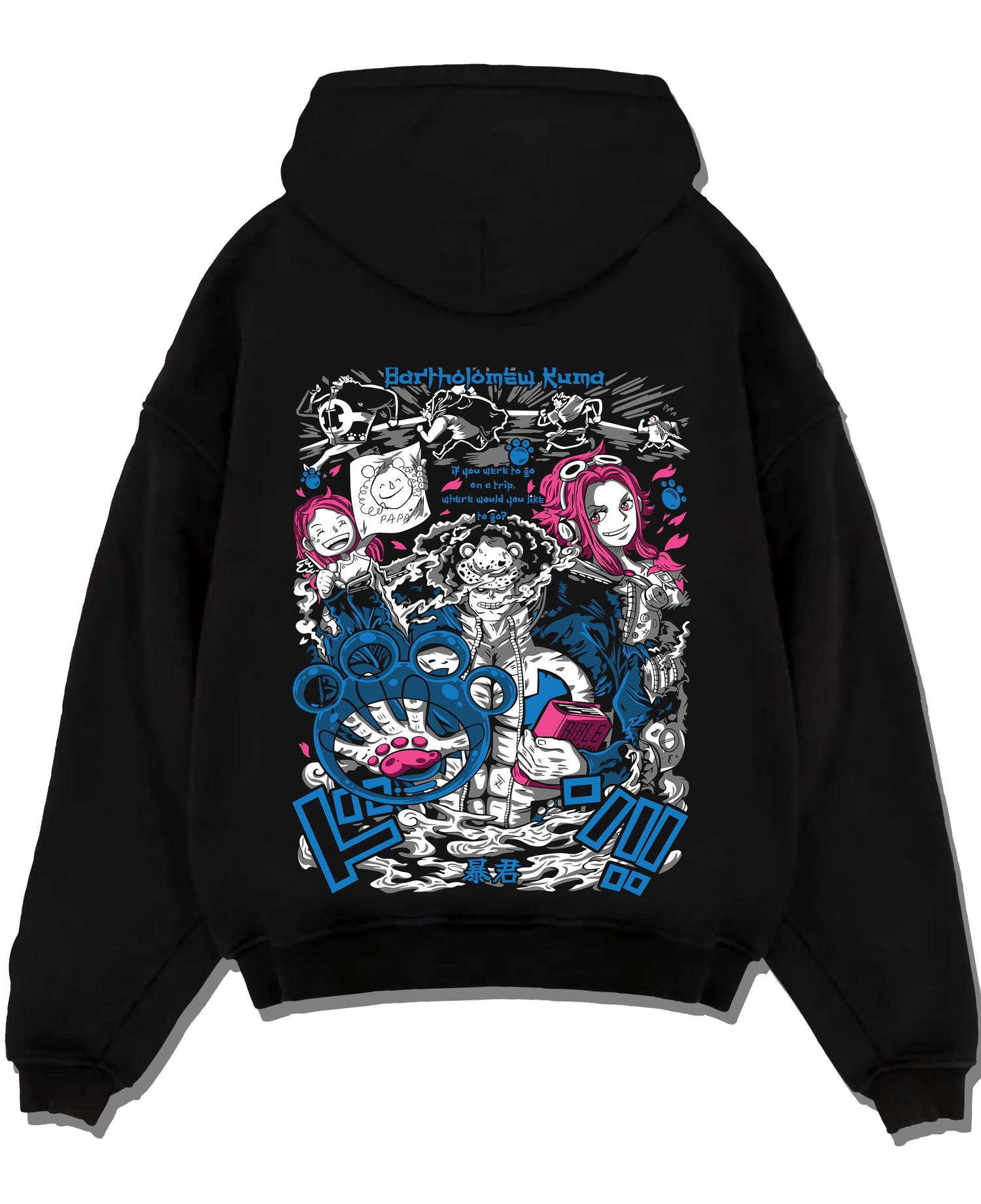Black pullover hoodie laid flat with Bartholomew Kuma Hoodie One Piece Warlord graphic premium anime clothing.