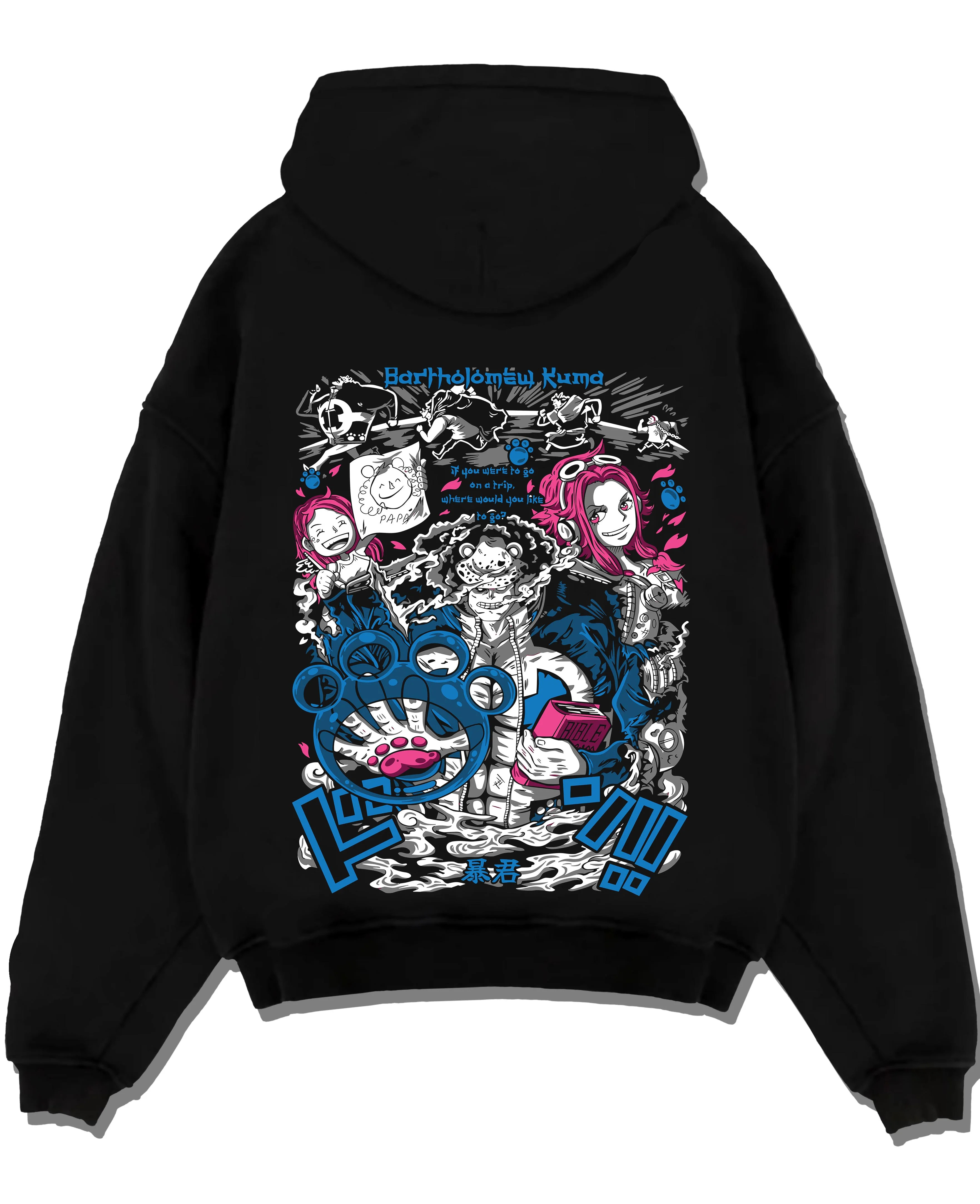 Black pullover hoodie laid flat with Bartholomew Kuma Hoodie One Piece Warlord graphic premium anime clothing.