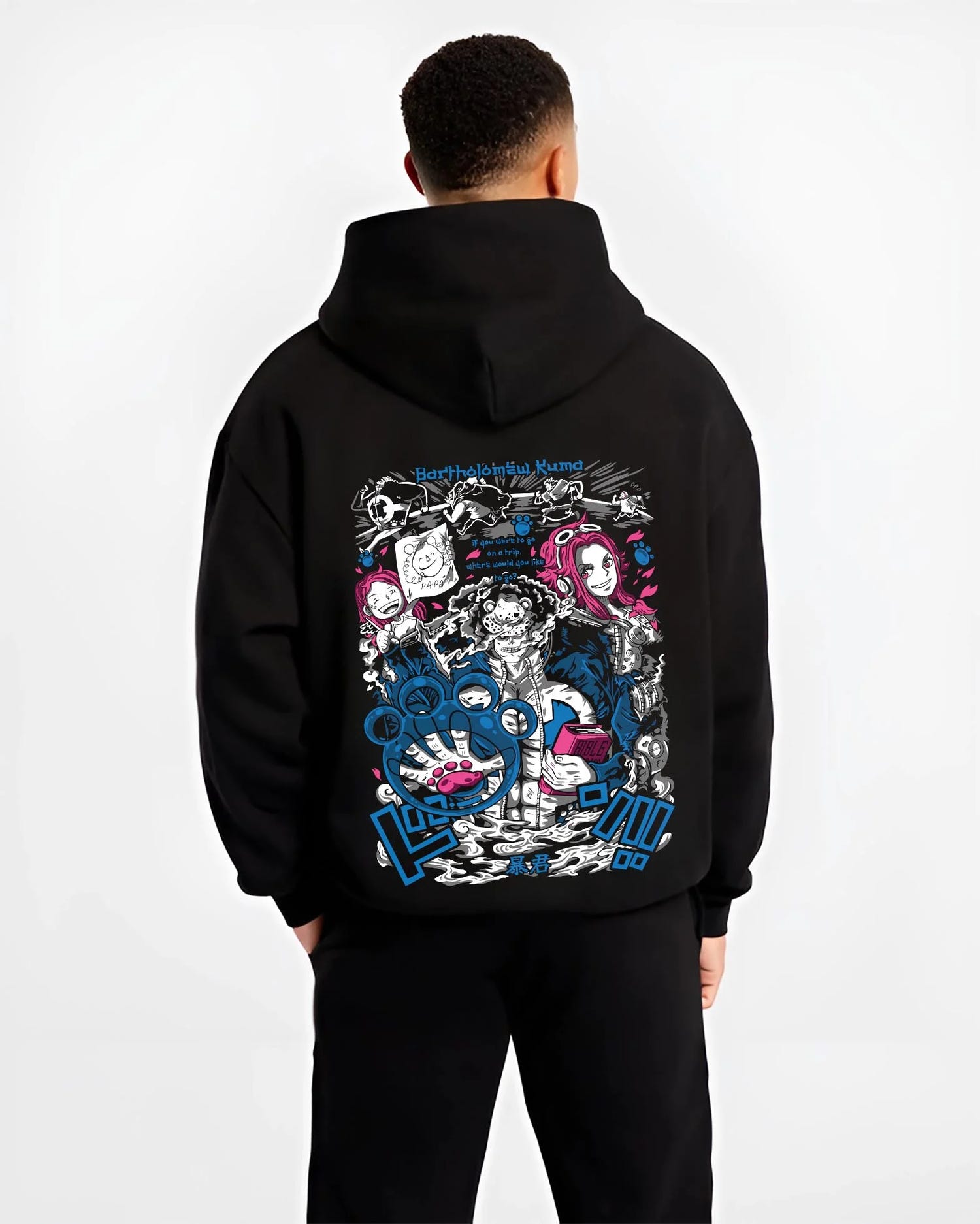 Black hoodie worn by male model, back view with Bartholomew Kuma Hoodie One Piece Warlord graphic streetwear graphic.