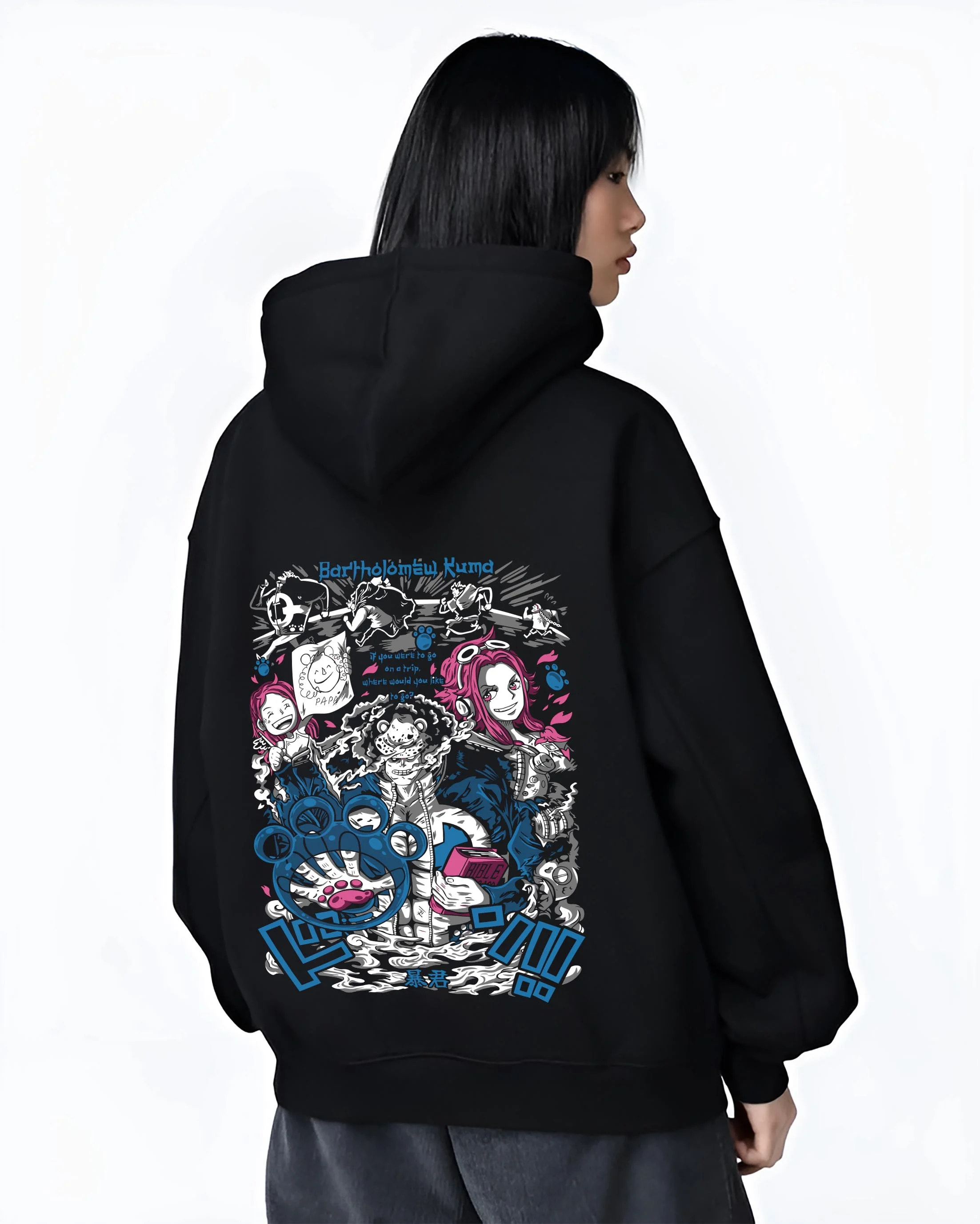 Black hoodie worn by female model, back view with Bartholomew Kuma Hoodie One Piece Warlord graphic streetwear graphic.