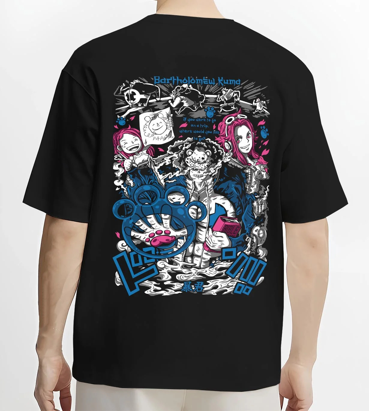 Black T-shirt worn by male model, back view with Bartholomew Kuma Hoodie One Piece Warlord graphic streetwear graphic.