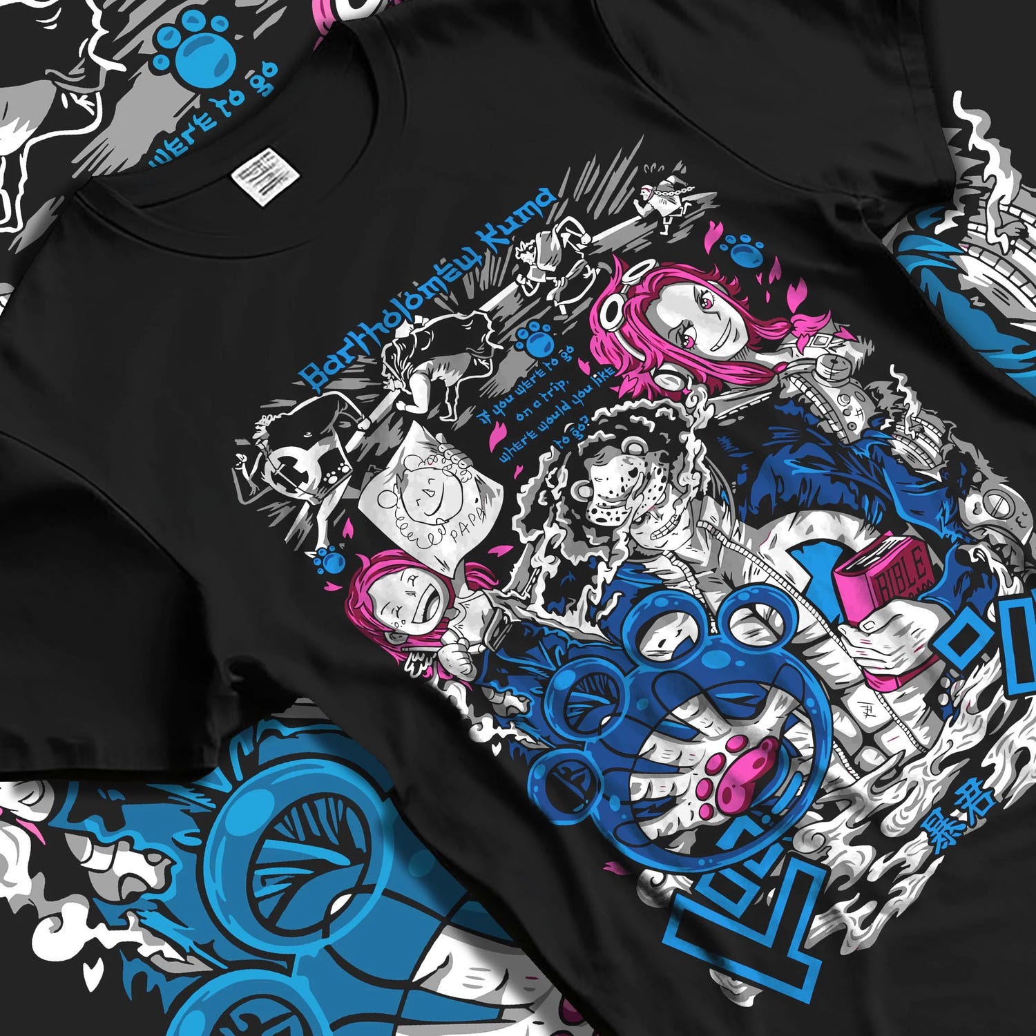 Black T-shirt laid flat with natural folds with Bartholomew Kuma Hoodie One Piece Warlord graphic premium wear.