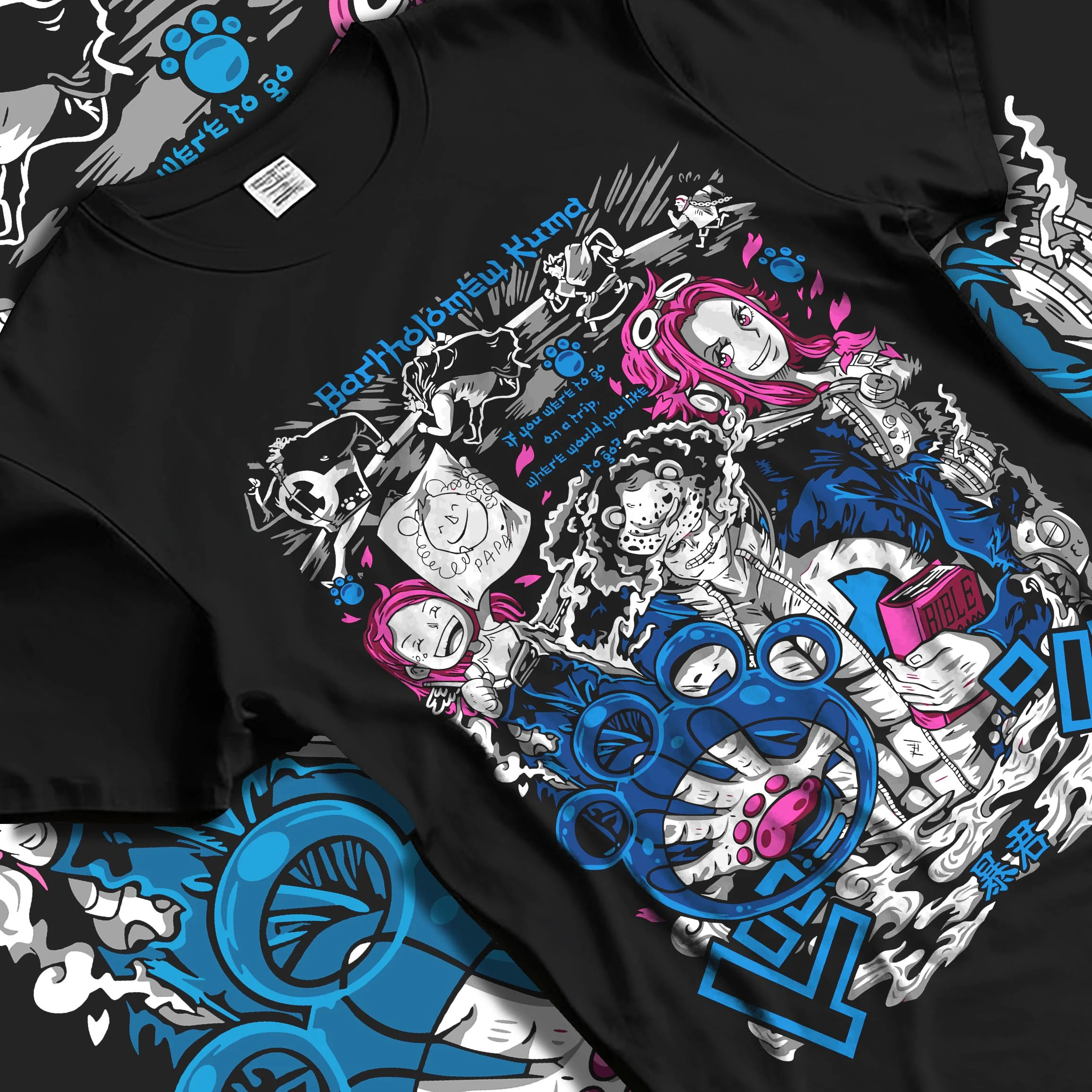 Black T-shirt laid flat with natural folds with Bartholomew Kuma Hoodie One Piece Warlord graphic premium wear.