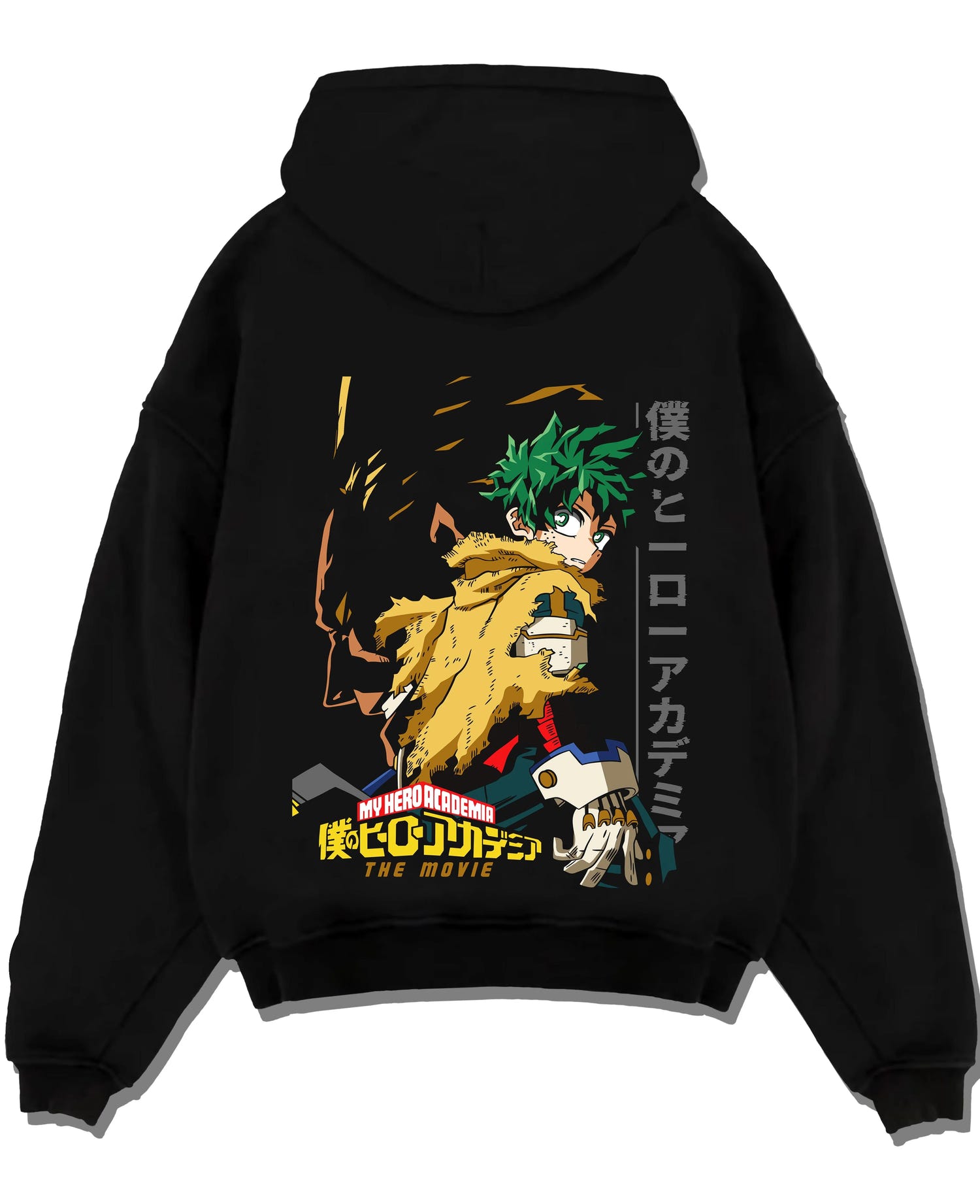 Black pullover hoodie laid flat with Izuku Midoriya Hoodie My Hero Academia Hero graphic versatile unisex fit.