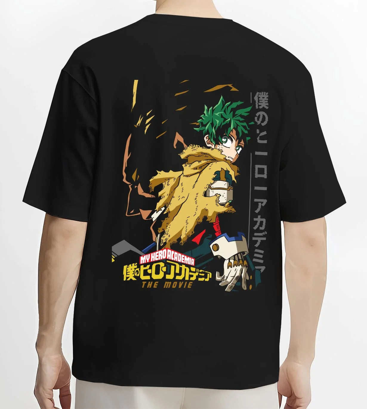 Black T-shirt worn by male model, back view with Izuku Midoriya Hoodie My Hero Academia Hero graphic bold anime graphic.
