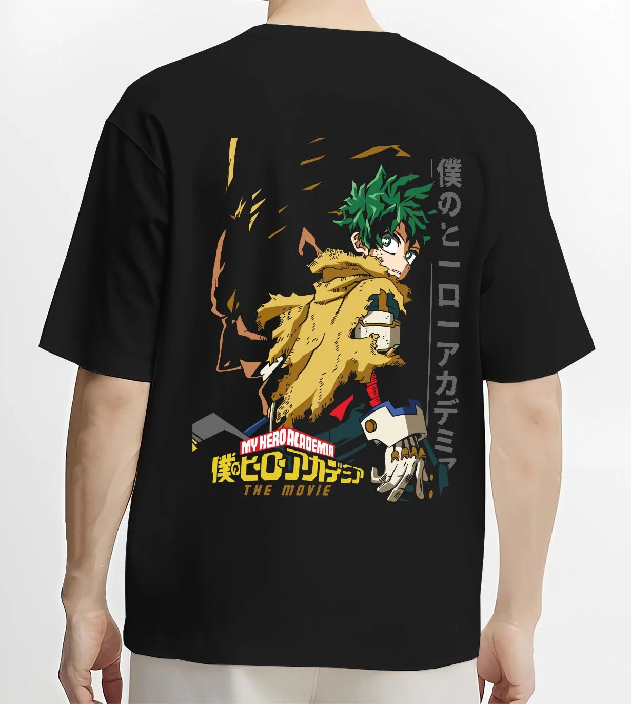 Black T-shirt worn by male model, back view with Izuku Midoriya Hoodie My Hero Academia Hero graphic bold anime graphic.