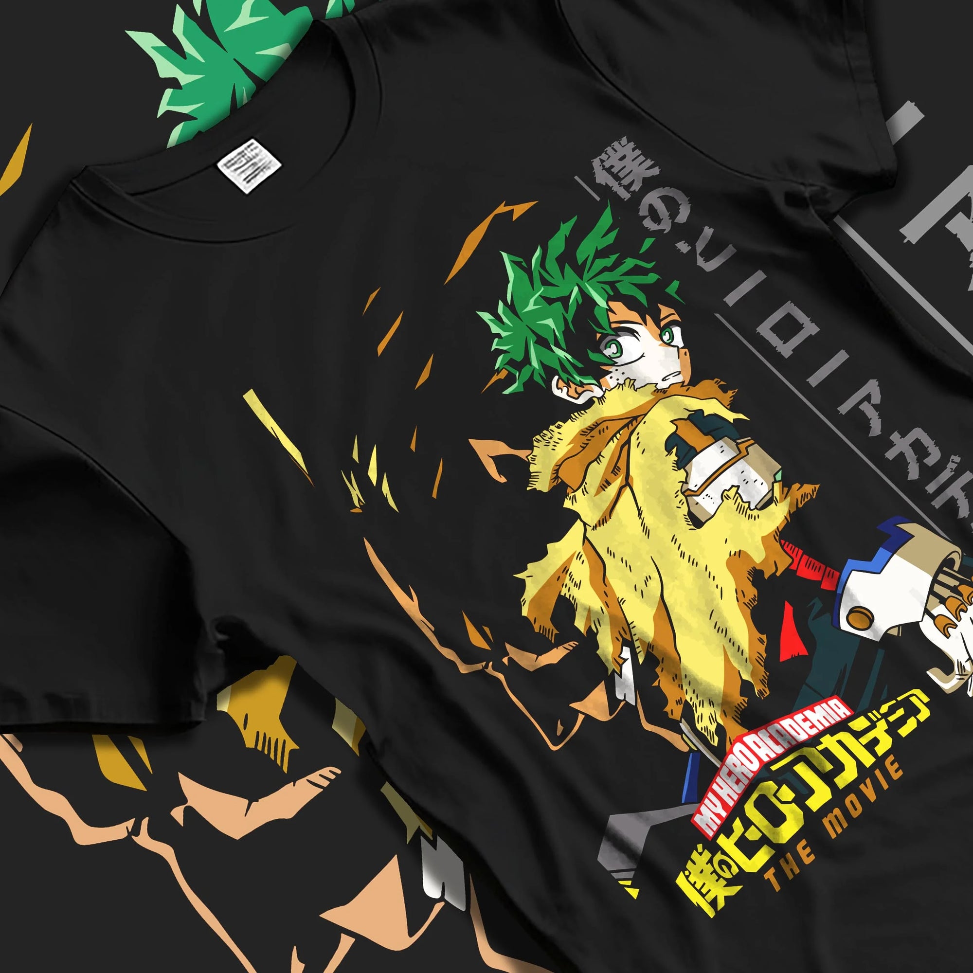 Black T-shirt laid flat with natural folds with Izuku Midoriya Hoodie My Hero Academia Hero graphic bold anime graphic.